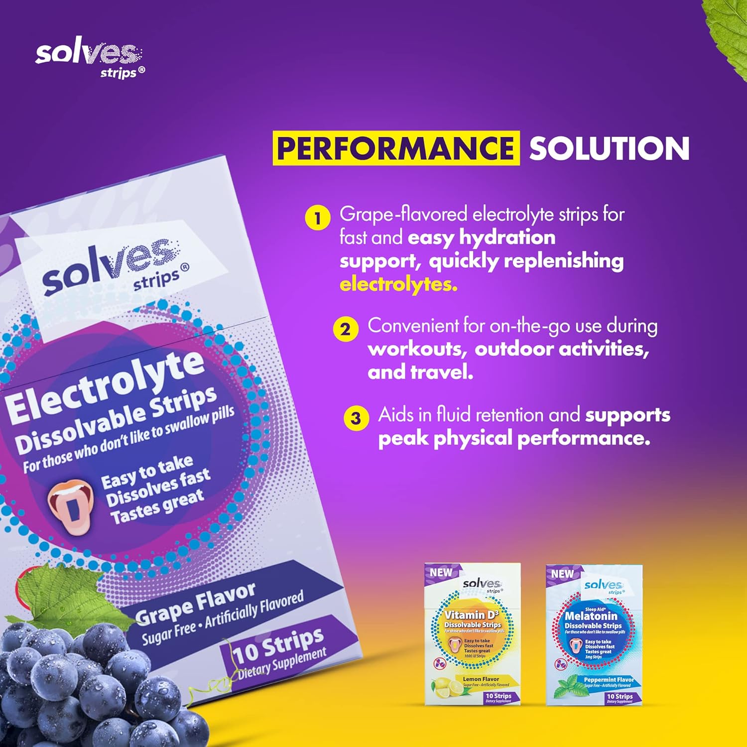 Sugar-Free Grape Burst Electrolyte Replacement Strips - High Potency Hydration for Gym & Outdoor Activities - 10 Portable Single-Serve Packs