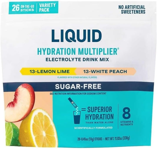 Sugar-Free Liquid Hydration Multiplier Variety Pack - 26 Pack, White Peach & Lemon Lime Flavors, Easy Open Single-Serving Sticks, Non-GMO
