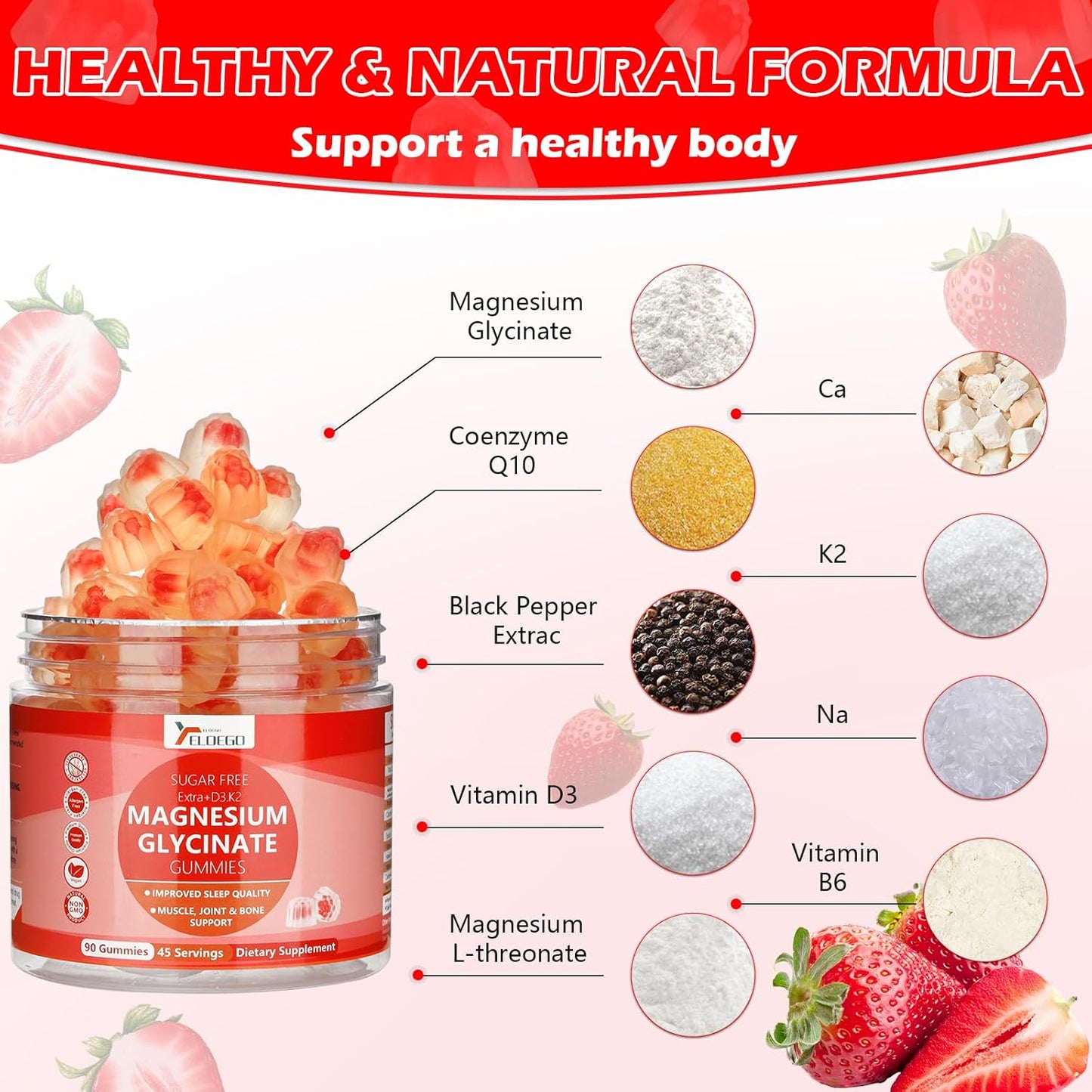 Sugar-Free Magnesium Glycinate Gummies 600mg with Potassium, Vitamin D3, K2, B6, CoQ10 - Strawberry Flavored Supplement for Calm, Sleep, Muscle Support - 90 Count