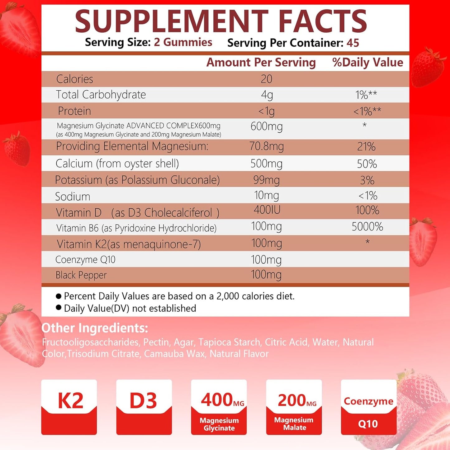Sugar-Free Magnesium Glycinate Gummies 600mg with Potassium, Vitamin D3, K2, B6, CoQ10 - Strawberry Flavored Supplement for Calm, Sleep, Muscle Support - 90 Count