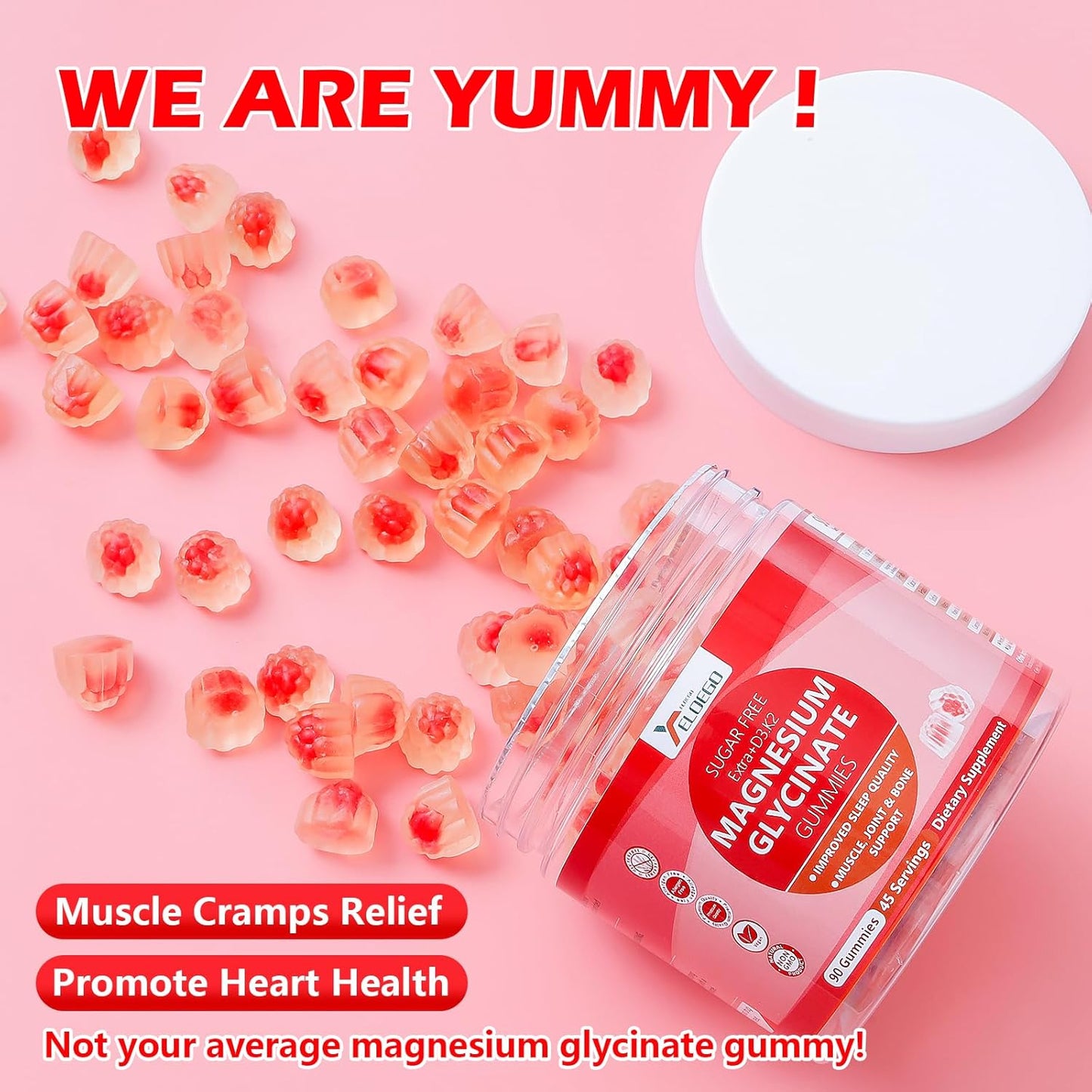 Sugar-Free Magnesium Glycinate Gummies 600mg with Potassium, Vitamin D3, K2, B6, CoQ10 - Strawberry Flavored Supplement for Calm, Sleep, Muscle Support - 90 Count