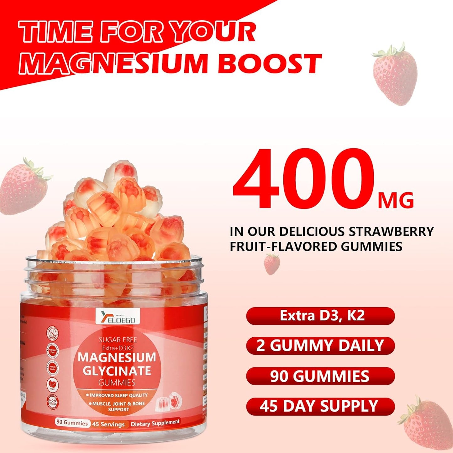 Sugar-Free Magnesium Glycinate Gummies 600mg with Potassium, Vitamin D3, K2, B6, CoQ10 - Strawberry Flavored Supplement for Calm, Sleep, Muscle Support - 90 Count