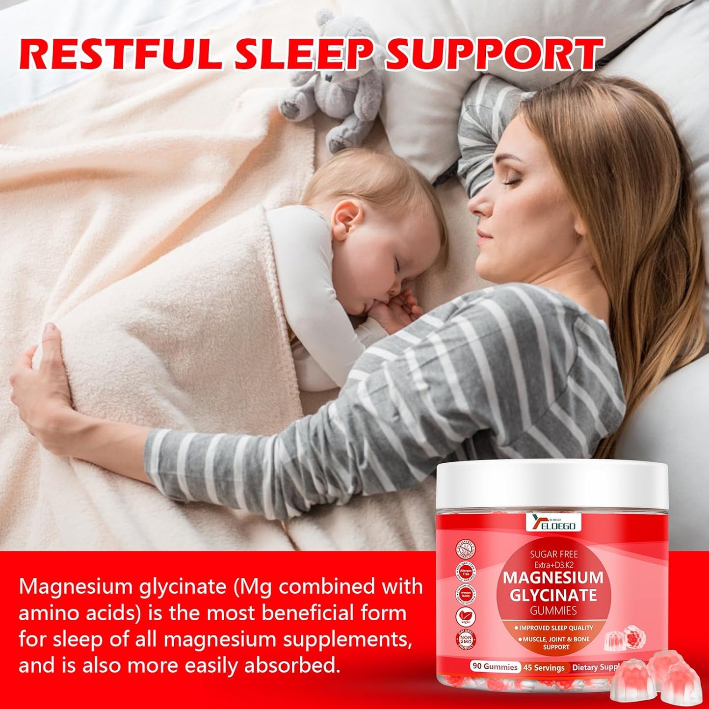 Sugar-Free Magnesium Glycinate Gummies 600mg with Potassium, Vitamin D3, K2, B6, CoQ10 - Strawberry Flavored Supplement for Calm, Sleep, Muscle Support - 90 Count