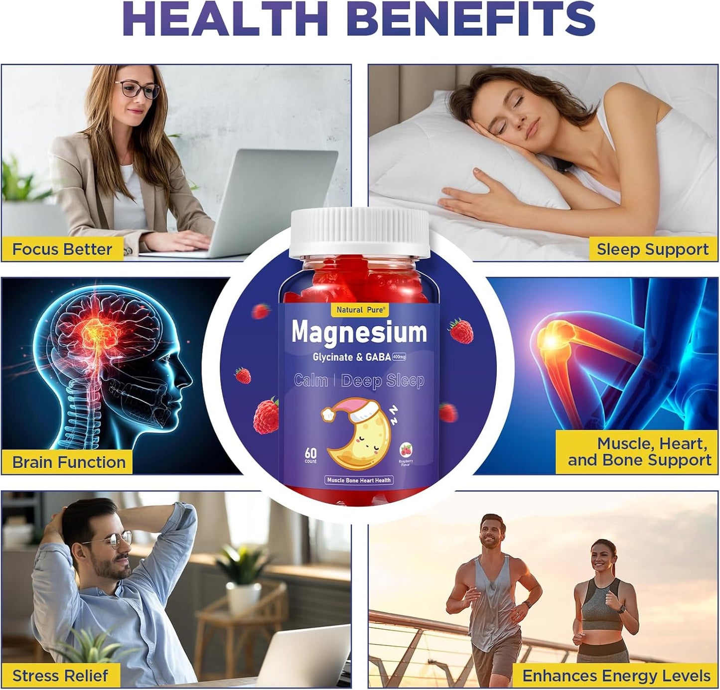 Sugar-Free Magnesium Glycinate Gummies with GABA for Calm & Bedtime - 400mg Supplement with Vitamin D, B6, CoQ10 - Natural Formula for Kids & Adults