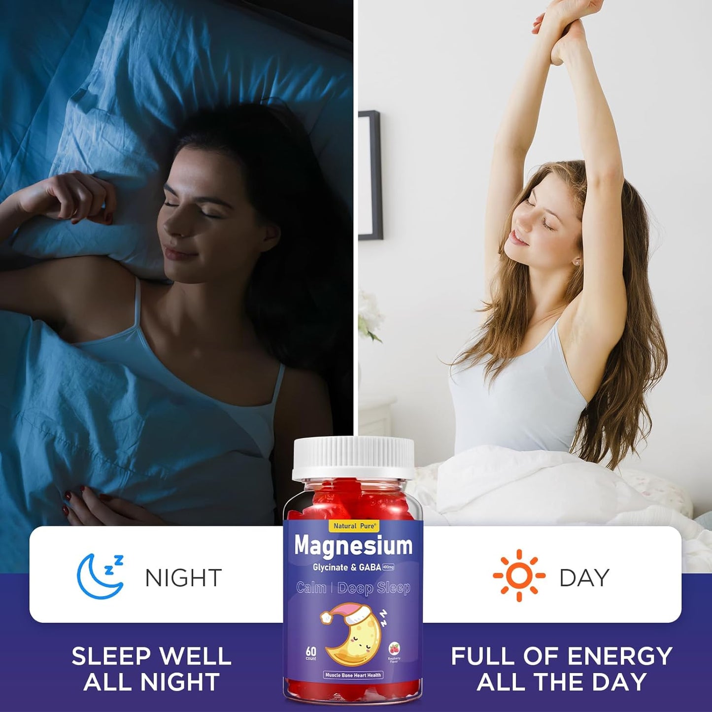 Sugar-Free Magnesium Glycinate Gummies with GABA for Calm & Bedtime - 400mg Supplement with Vitamin D, B6, CoQ10 - Natural Formula for Kids & Adults