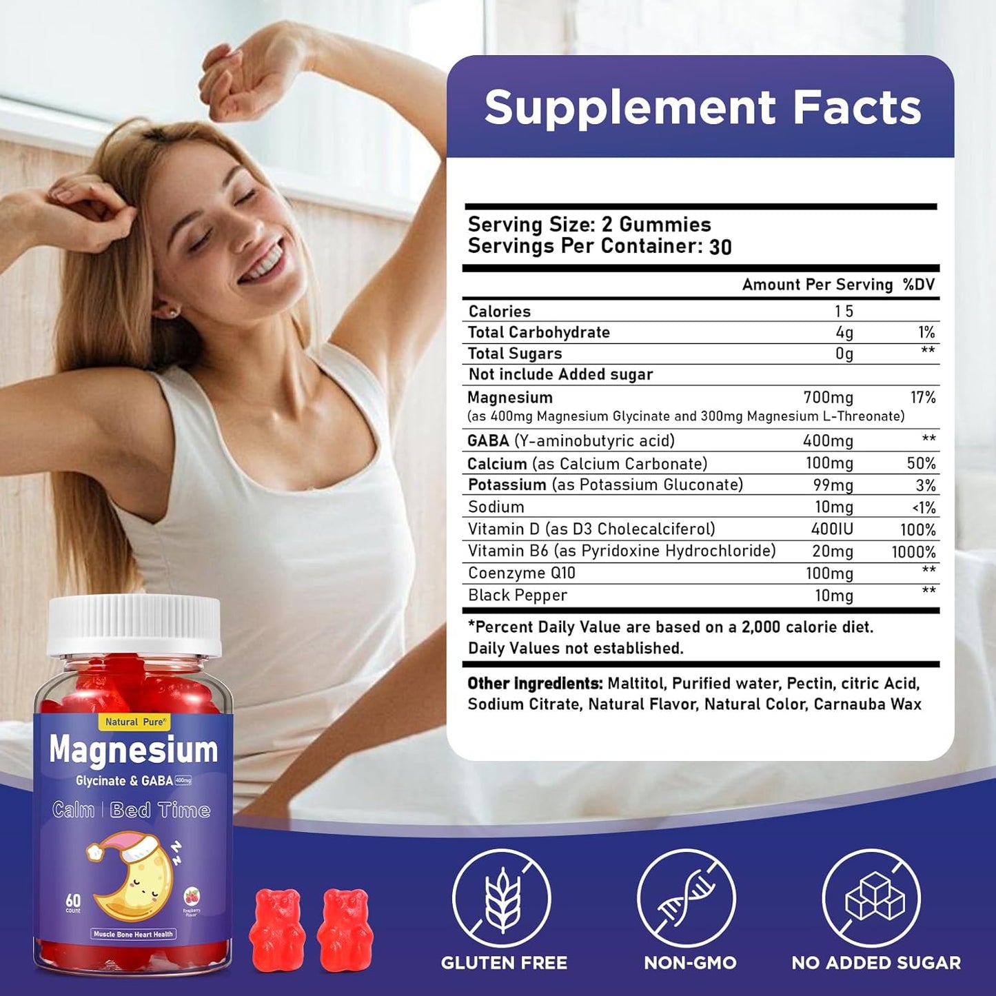 Sugar-Free Magnesium Glycinate Gummies with GABA for Calm & Bedtime - 400mg Supplement with Vitamin D, B6, CoQ10 - Natural Formula for Kids & Adults