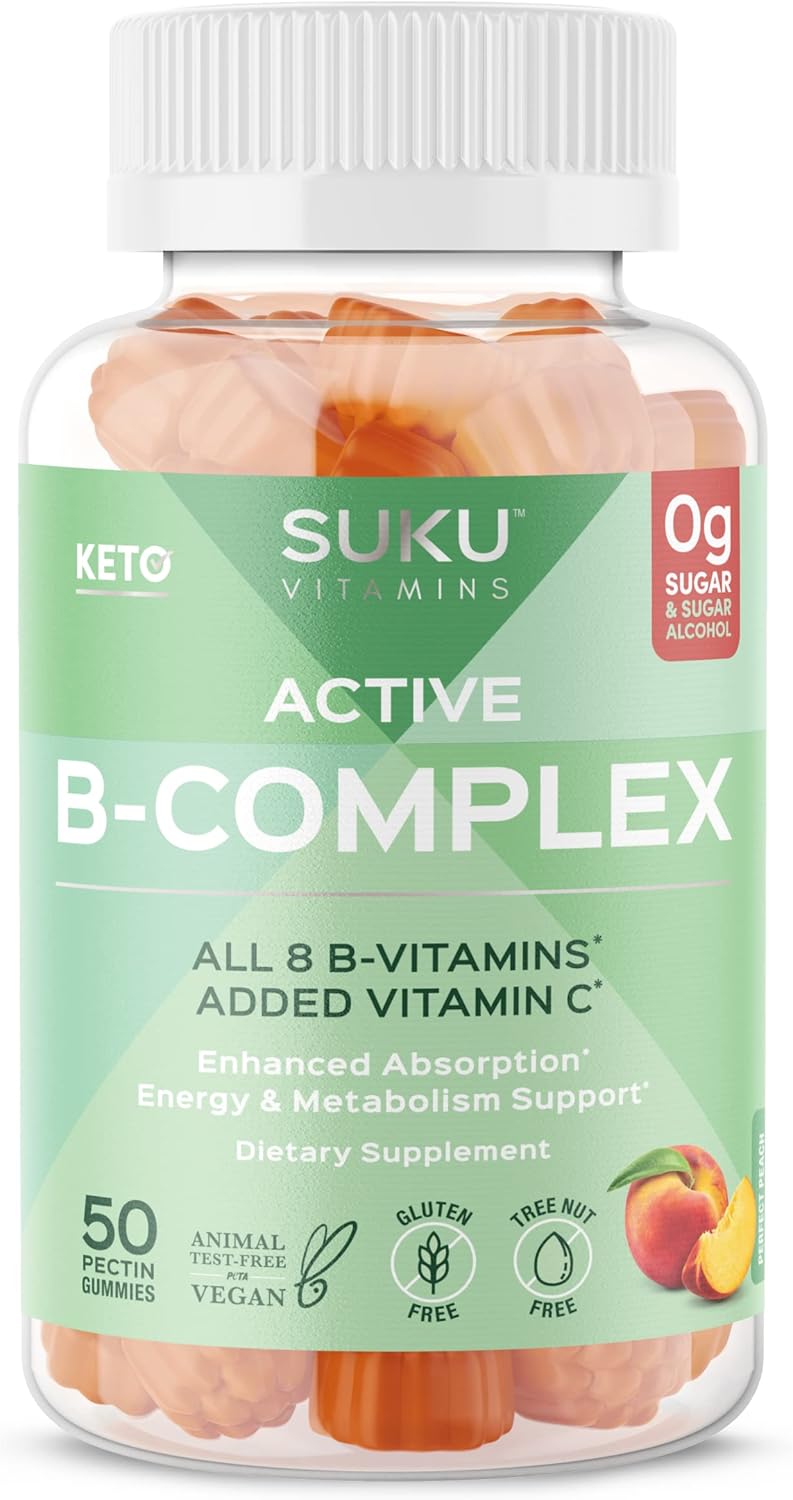 Sugar Free Vegan Vitamin B Complex Gummies with Vitamin C - Peach Flavour - 50 Gummies - Boosts Cell Development & Metabolism