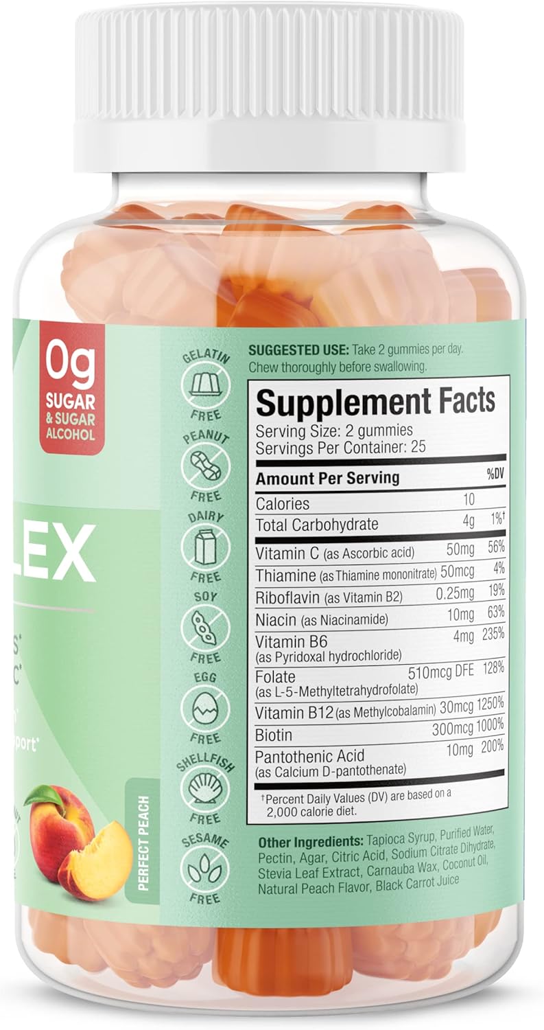 Sugar Free Vegan Vitamin B Complex Gummies with Vitamin C - Peach Flavour - 50 Gummies - Boosts Cell Development & Metabolism
