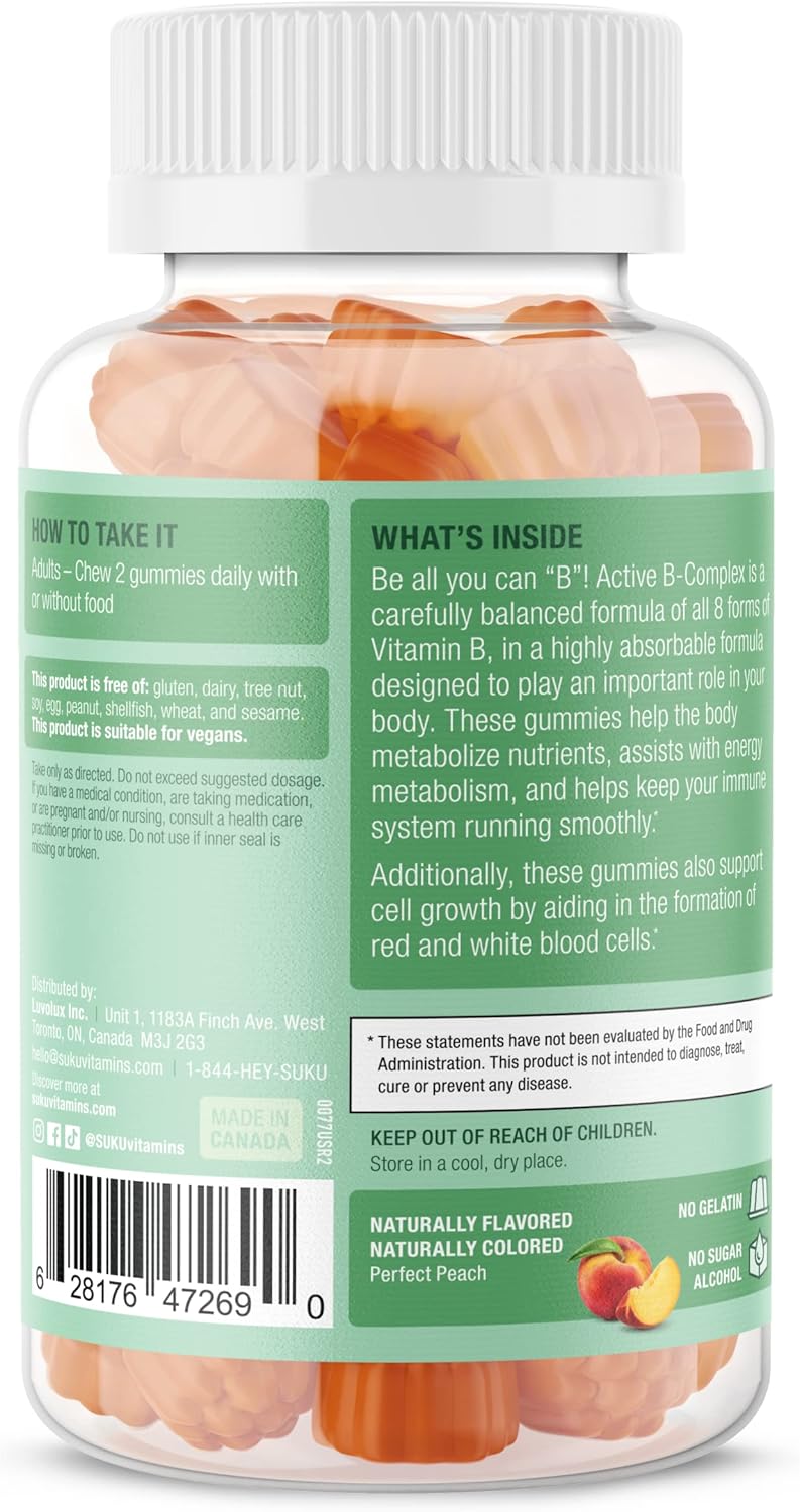 Sugar Free Vegan Vitamin B Complex Gummies with Vitamin C - Peach Flavour - 50 Gummies - Boosts Cell Development & Metabolism