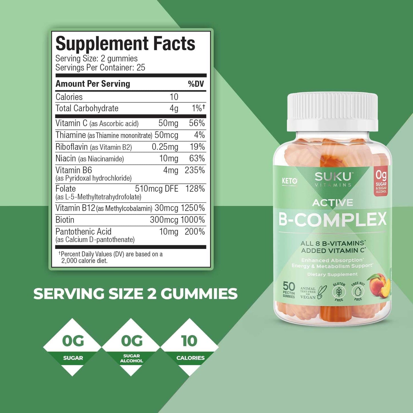 Sugar Free Vegan Vitamin B Complex Gummies with Vitamin C - Peach Flavour - 50 Gummies - Boosts Cell Development & Metabolism