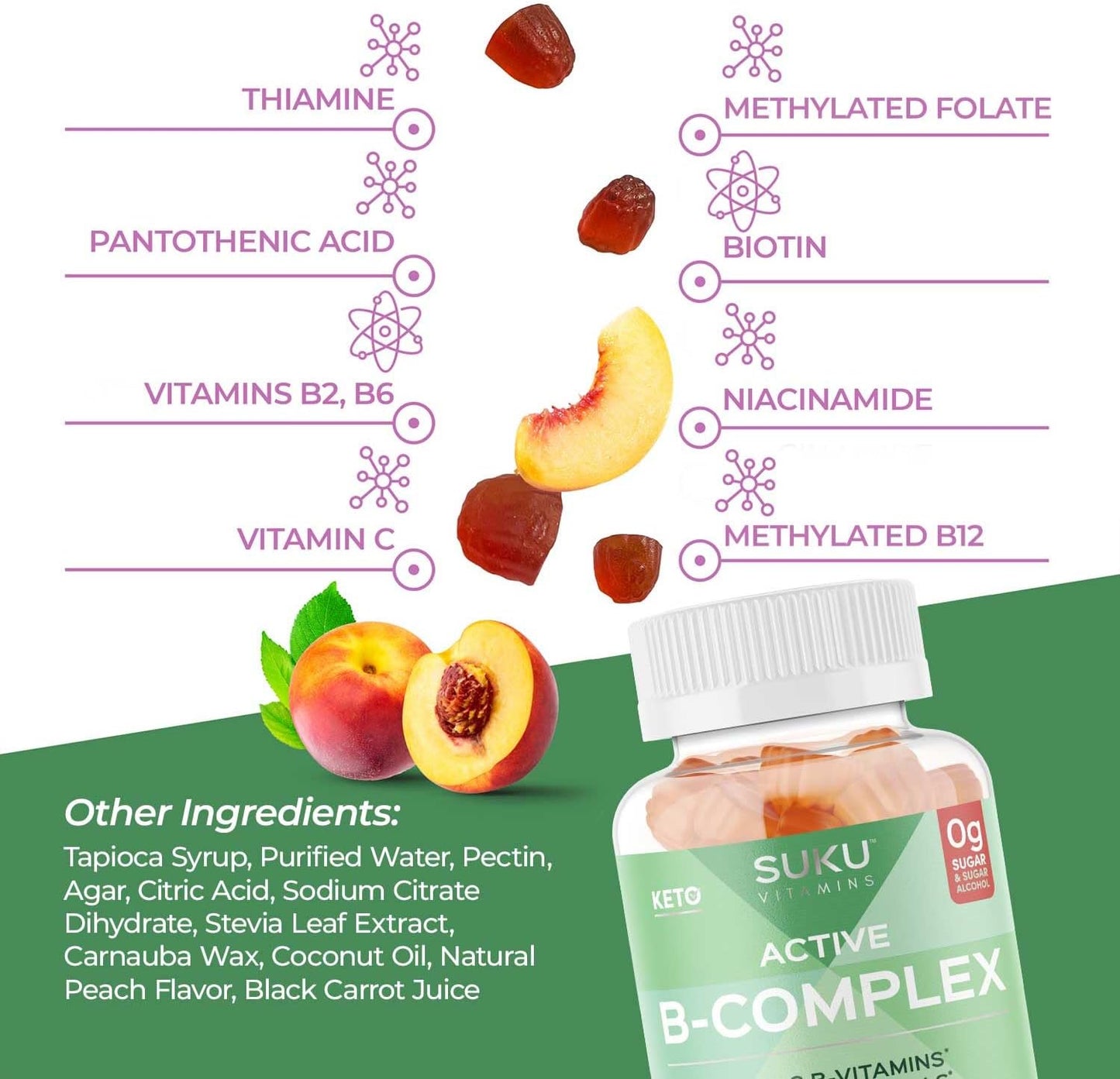 Sugar Free Vegan Vitamin B Complex Gummies with Vitamin C - Peach Flavour - 50 Gummies - Boosts Cell Development & Metabolism