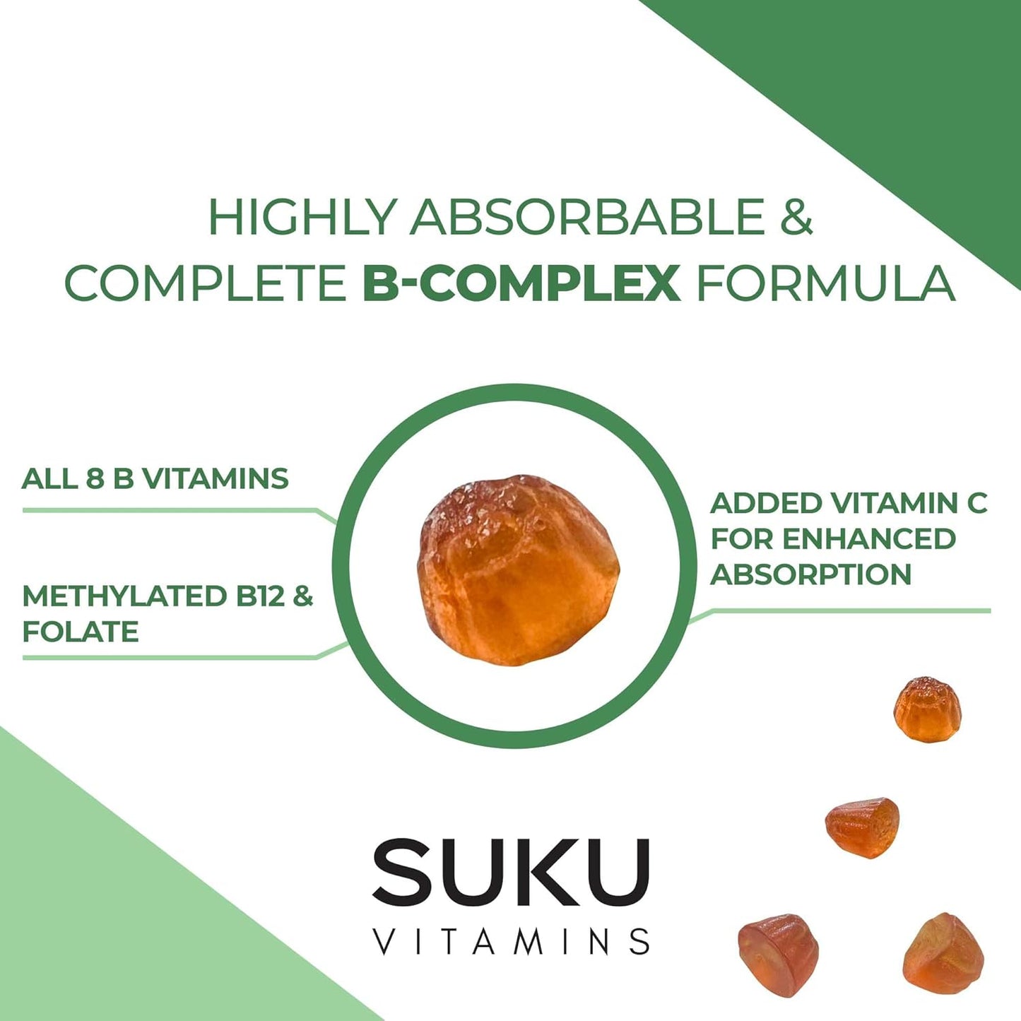 Sugar Free Vegan Vitamin B Complex Gummies with Vitamin C - Peach Flavour - 50 Gummies - Boosts Cell Development & Metabolism