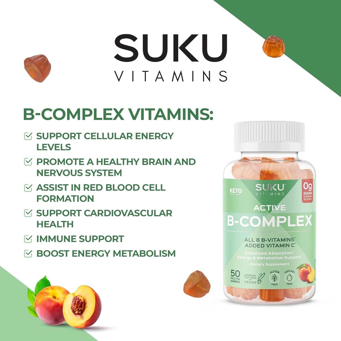 Sugar Free Vegan Vitamin B Complex Gummies with Vitamin C - Peach Flavour - 50 Gummies - Boosts Cell Development & Metabolism