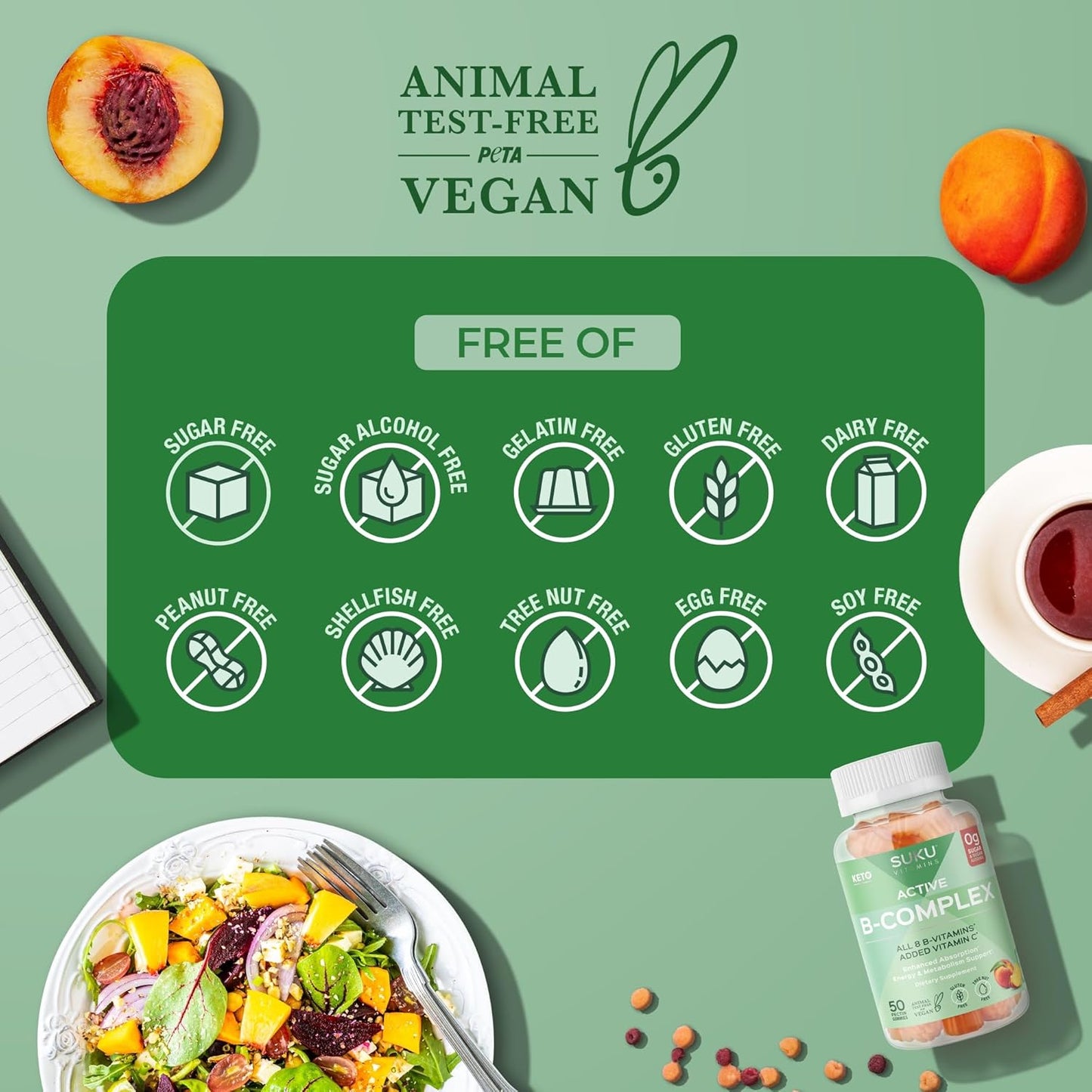 Sugar Free Vegan Vitamin B Complex Gummies with Vitamin C - Peach Flavour - 50 Gummies - Boosts Cell Development & Metabolism