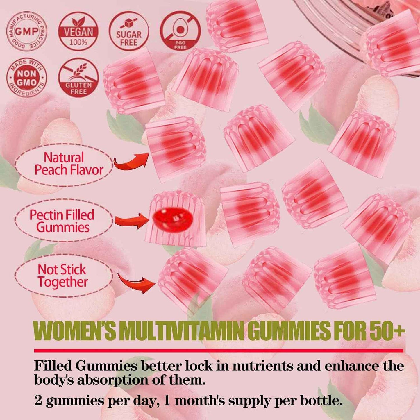 Sugar-Free Womens Multivitamin 50 Plus Gummies with Calcium, Magnesium, Zinc, Vitamin A, C, D3, E, K2, B Complex, Folate, Biotin - Multi Vitamins & Minerals for Skin, Energy, Immune Support