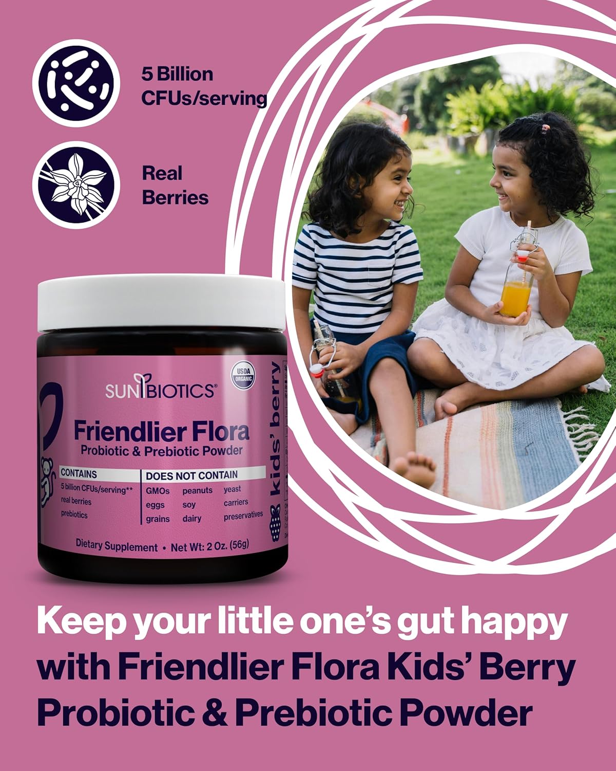SUNBIOTICS Kids Berry Probiotic Powder Supplement - 5 Billion CFUs, 5 Probiotic Strains for Gut Health & Immune Support - Pack of 3