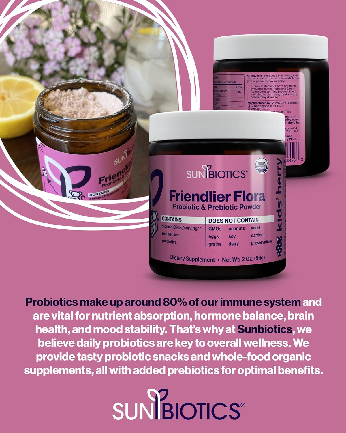 SUNBIOTICS Kids Berry Probiotic Powder Supplement - 5 Billion CFUs, 5 Probiotic Strains for Gut Health & Immune Support - Pack of 3