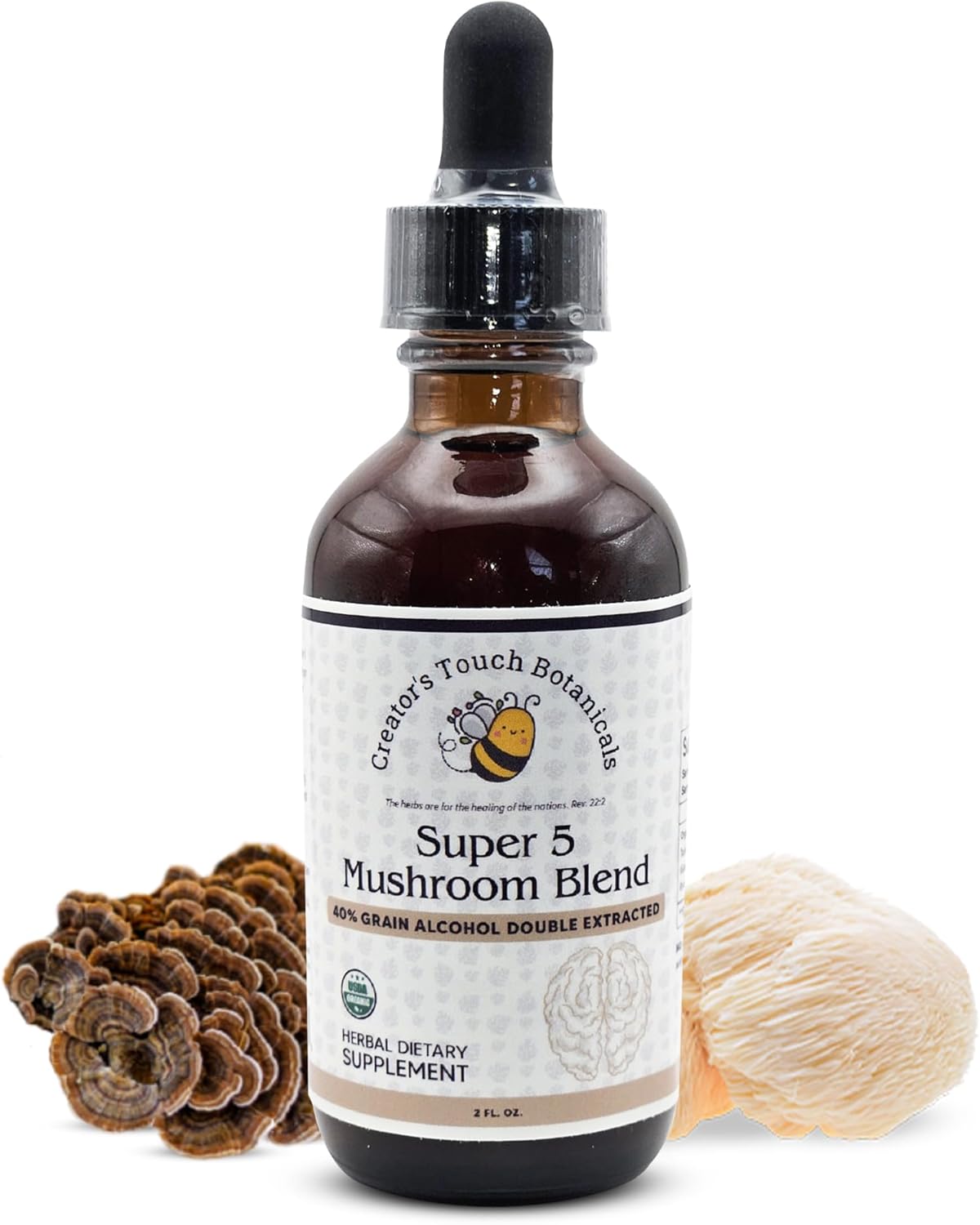 Super 5 Mushroom Blend 2 fl oz for Immune Support with Reishi, Turkey Tail, Lions Mane, Chaga, and Maitake Mushrooms by Creator's Touch Botanicals - Double Extracted, Macerated