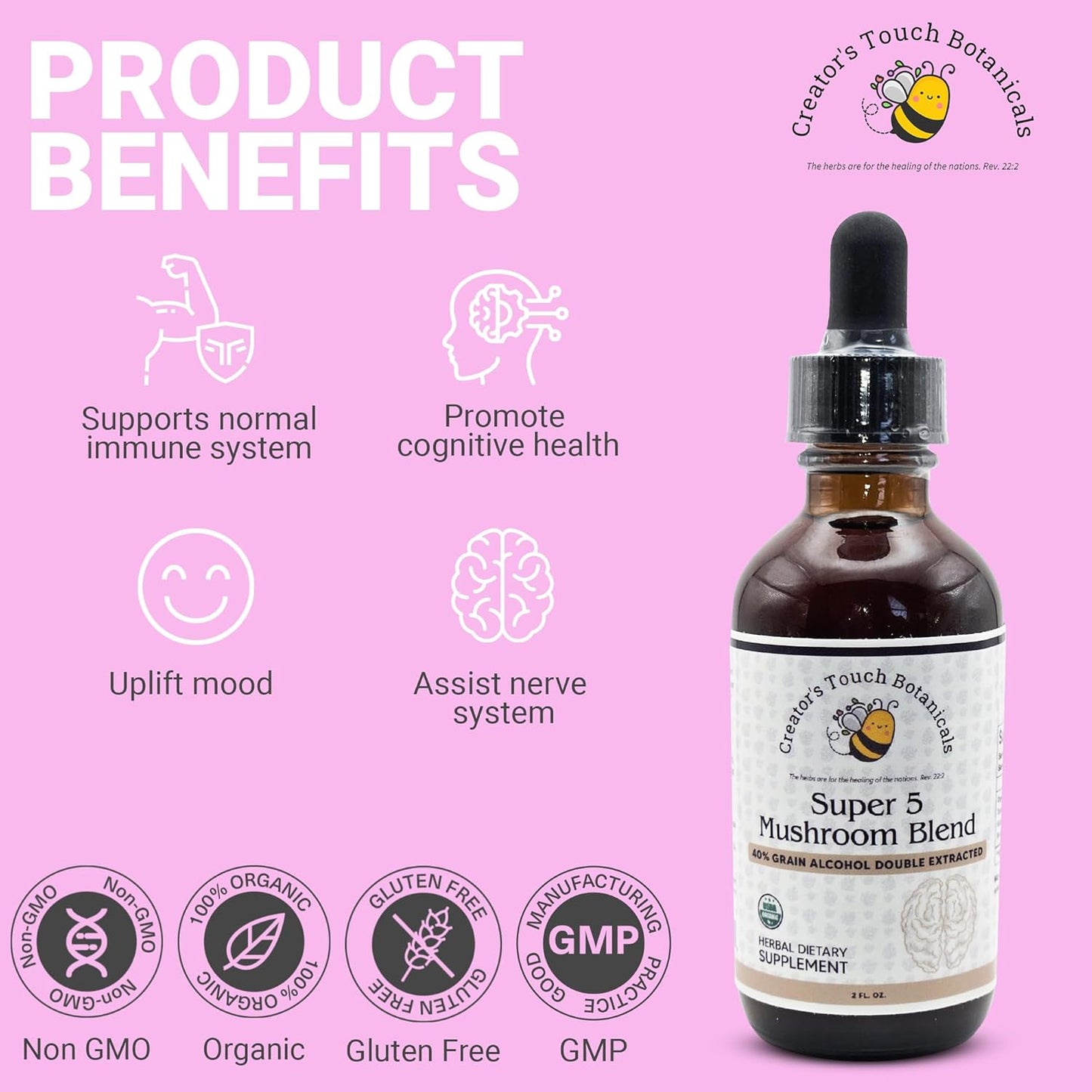 Super 5 Mushroom Blend 2 fl oz for Immune Support with Reishi, Turkey Tail, Lions Mane, Chaga, and Maitake Mushrooms by Creator's Touch Botanicals - Double Extracted, Macerated