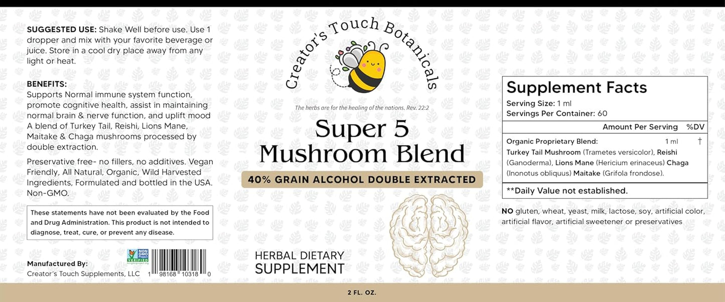 Super 5 Mushroom Blend 2 fl oz for Immune Support with Reishi, Turkey Tail, Lions Mane, Chaga, and Maitake Mushrooms by Creator's Touch Botanicals - Double Extracted, Macerated