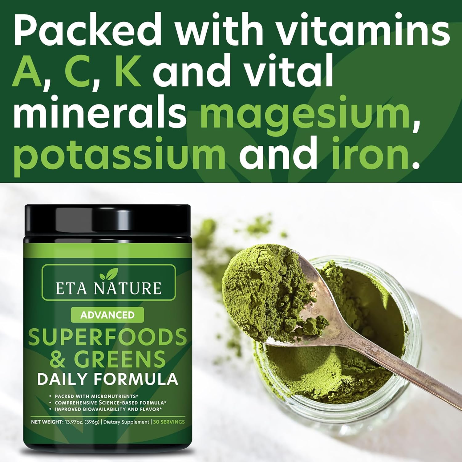 Super Greens Powder for Immunity, Energy, Digestive & Liver Health - Fruits & Veggies Supplements - Vitamins & Minerals - 396g