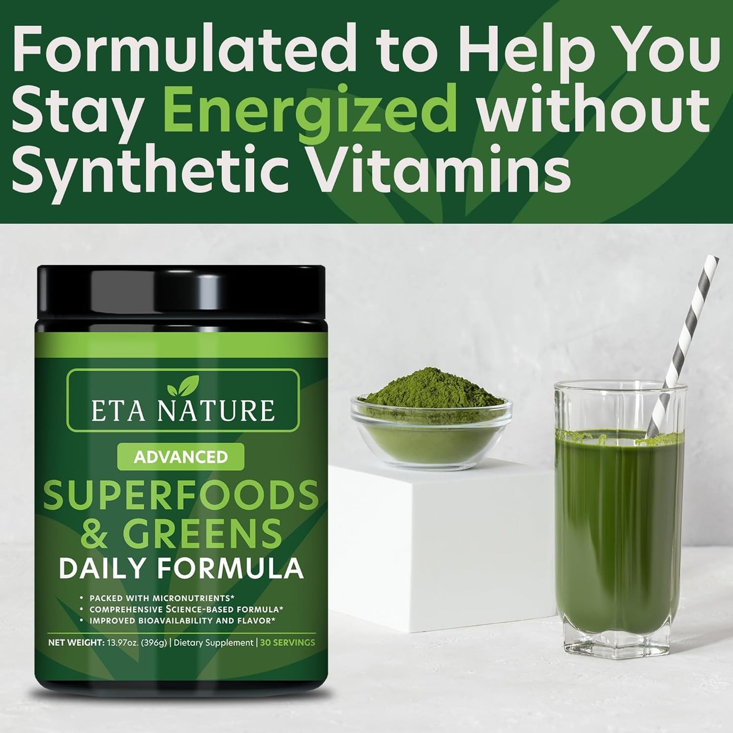Super Greens Powder for Immunity, Energy, Digestive & Liver Health - Fruits & Veggies Supplements - Vitamins & Minerals - 396g