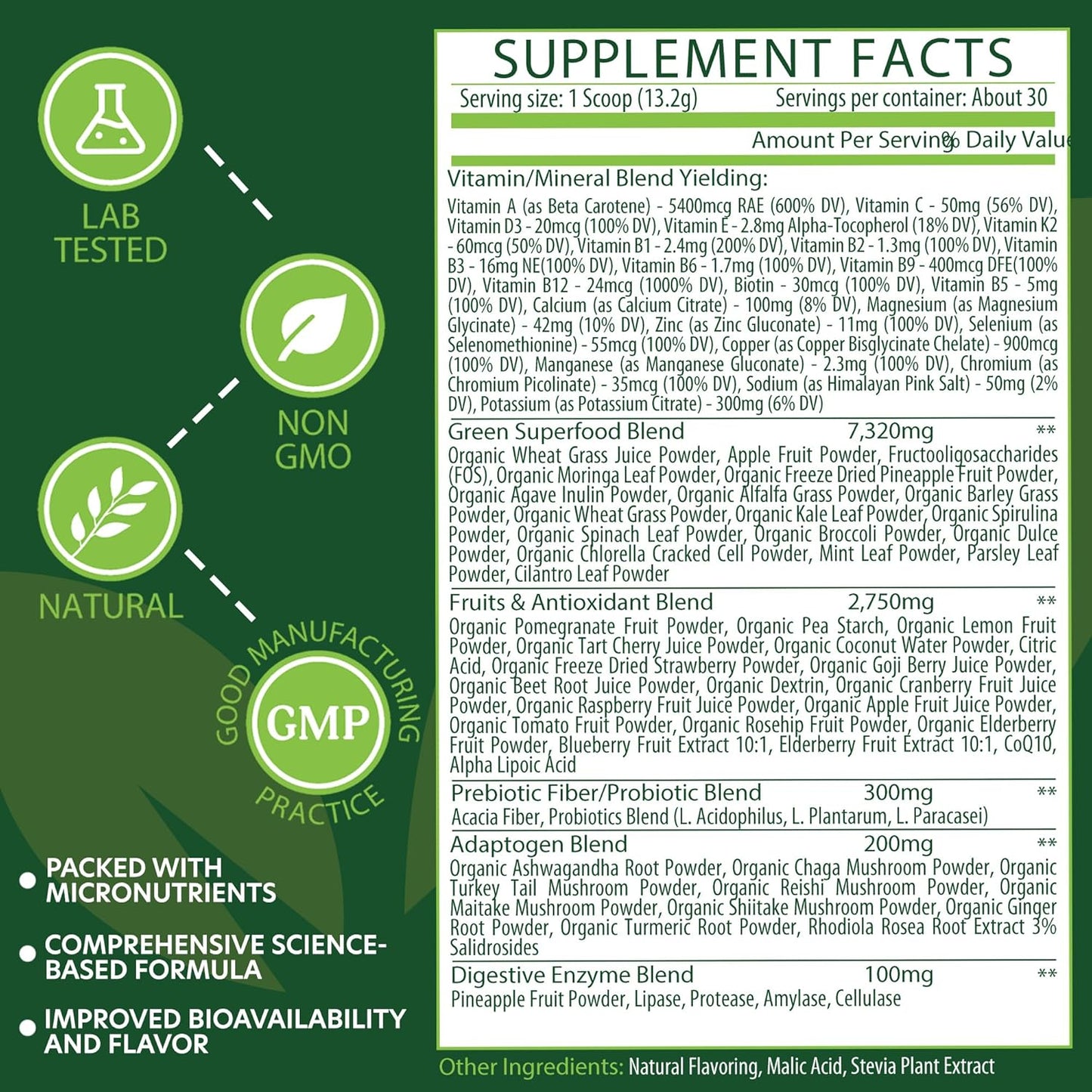 Super Greens Powder for Immunity, Energy, Digestive & Liver Health - Fruits & Veggies Supplements - Vitamins & Minerals - 396g