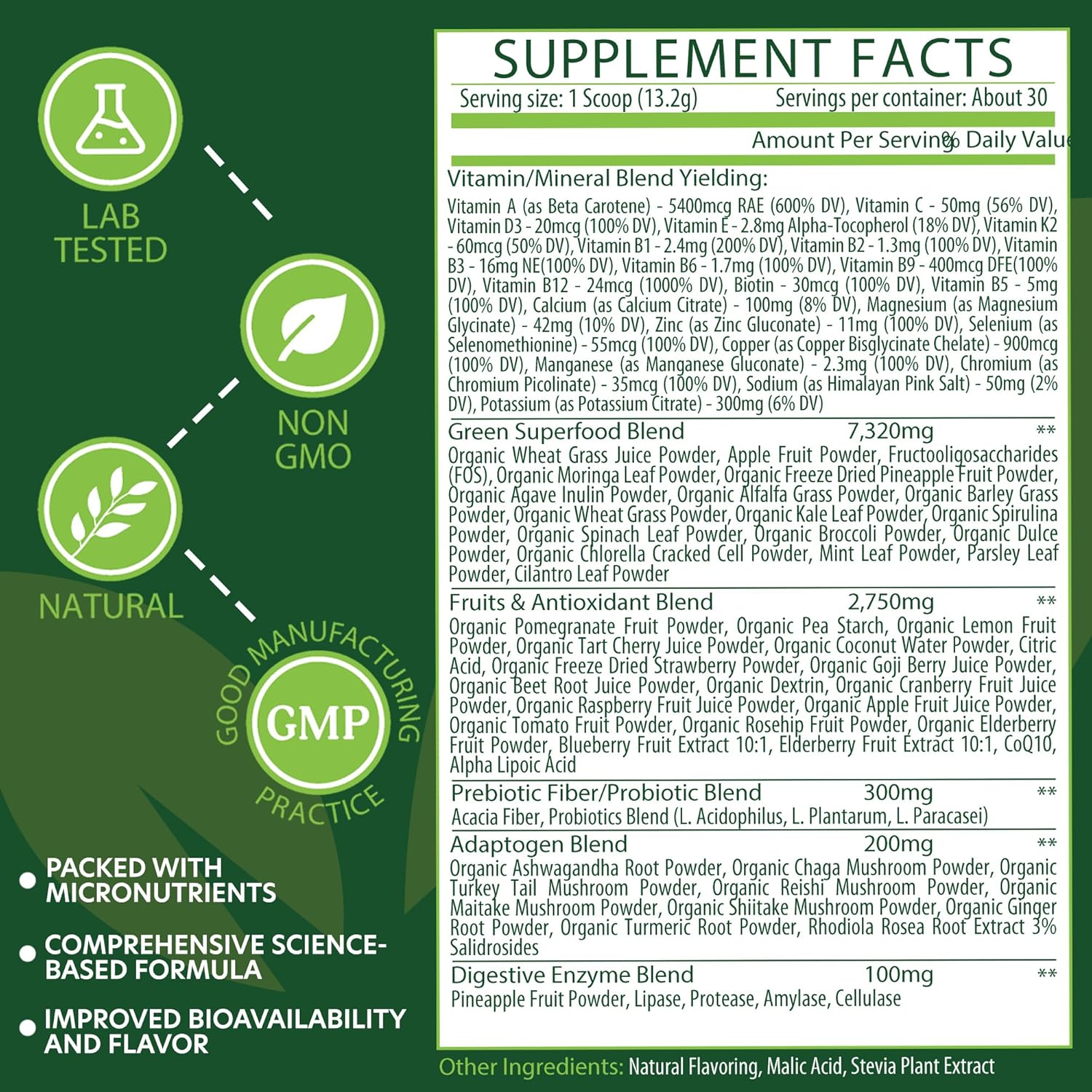 Super Greens Powder for Immunity, Energy, Digestive & Liver Health - Fruits & Veggies Supplements - Vitamins & Minerals - 396g