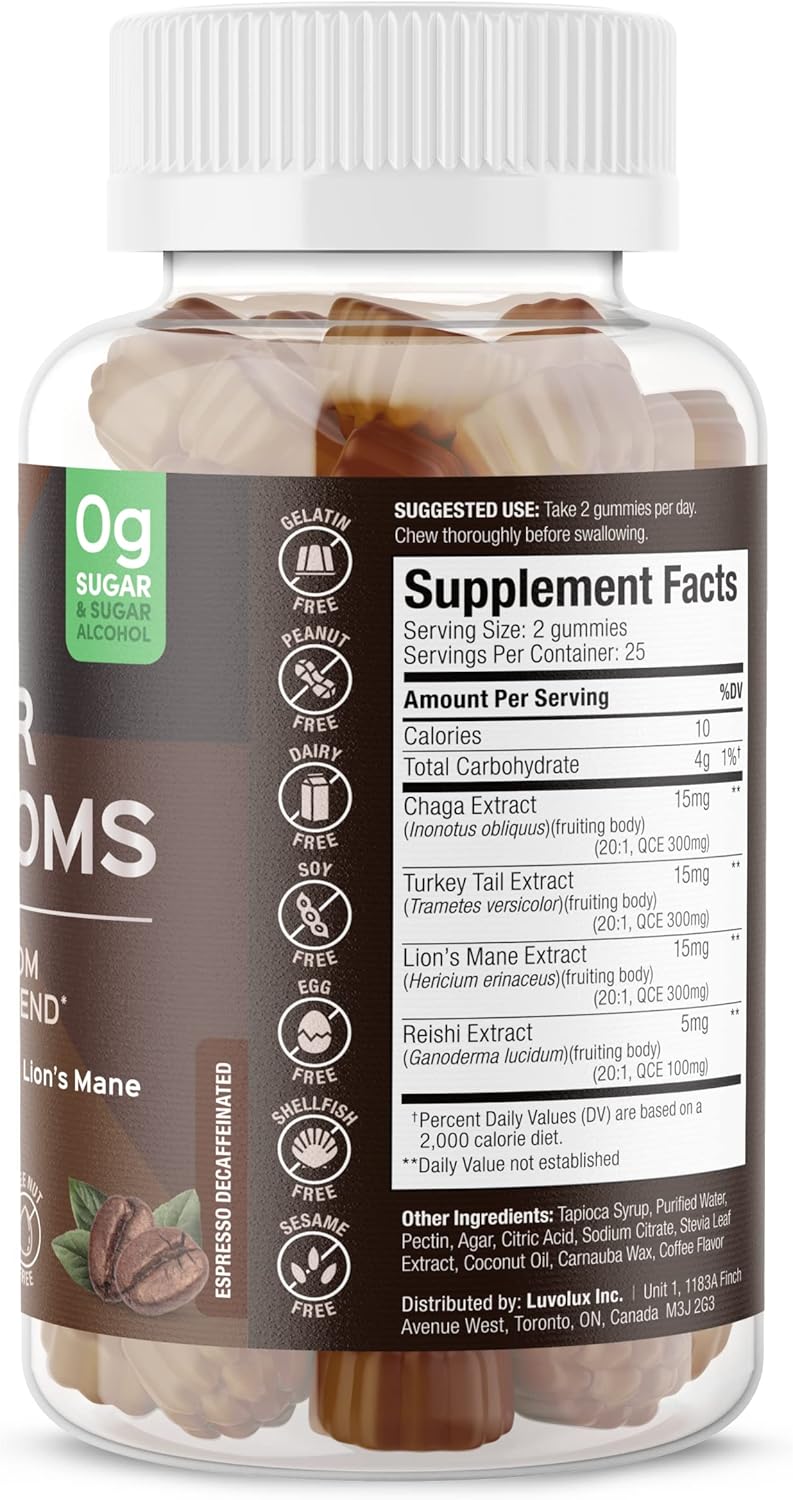 Super Mushroom Gummy Vitamins for Immunity - Reishi, Chaga, Turkey Tail, Lions Mane - Non GMO, Gluten/Sugar Free - Decaf Espresso Flavor - 50 Count