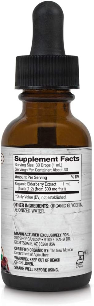 Super Organics Elderberry Liquid Drops - 1 Fl Oz | Organic, Non-GMO, Gluten Free, Kosher, Vegan