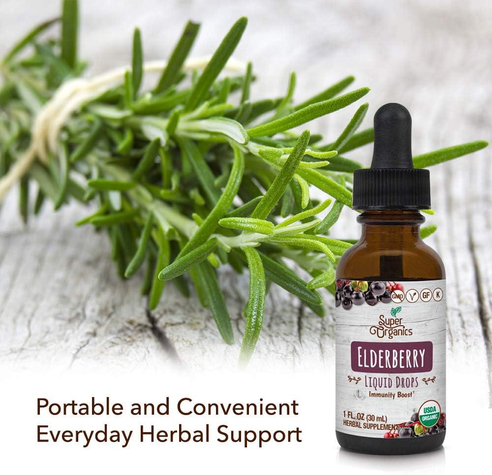 Super Organics Elderberry Liquid Drops - 1 Fl Oz | Organic, Non-GMO, Gluten Free, Kosher, Vegan