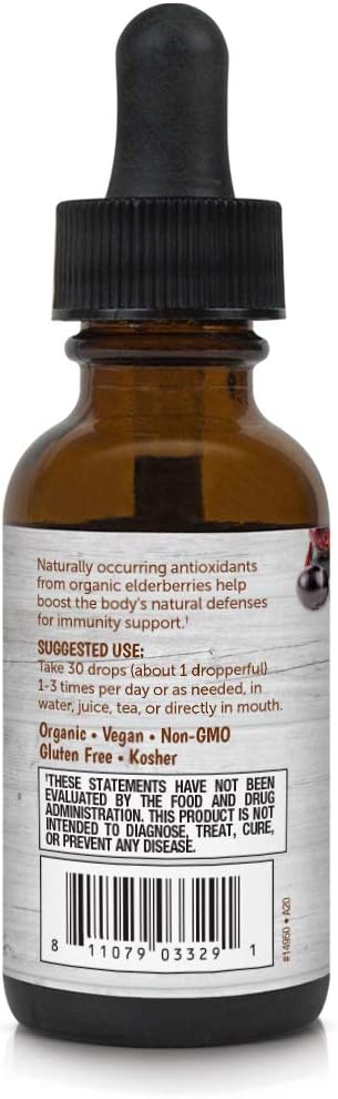 Super Organics Elderberry Liquid Drops - 1 Fl Oz | Organic, Non-GMO, Gluten Free, Kosher, Vegan