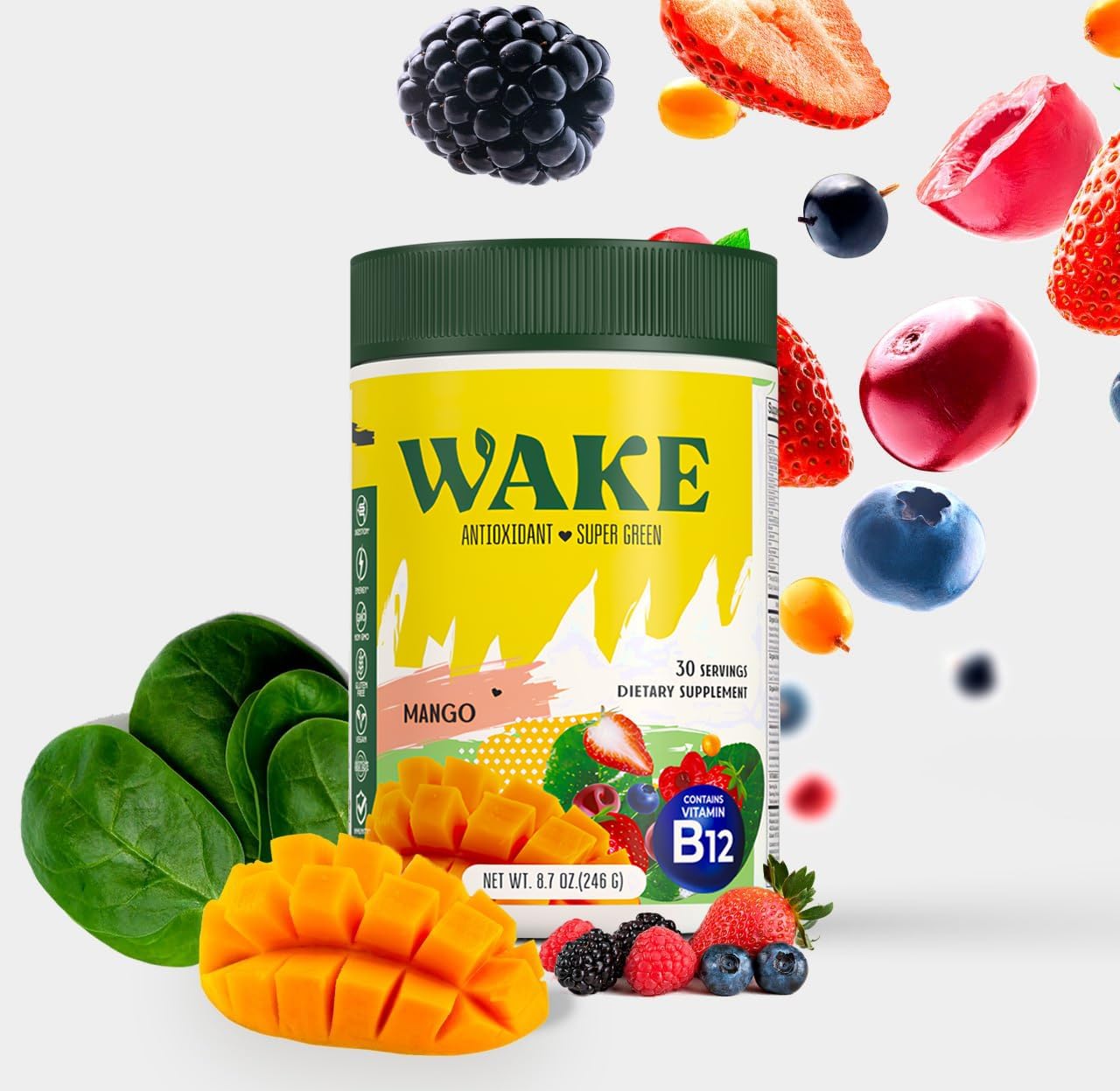 Superfood Antioxidant Blend with Spirulina & Chlorella, Vitamin B12, Probiotics, Enzymes, Acai Berry & Camu Camu - Non-GMO Vegan Powder