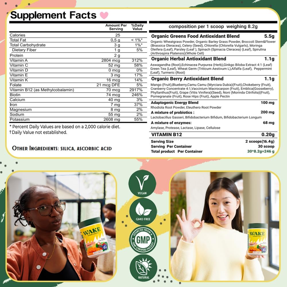 Superfood Antioxidant Blend with Spirulina & Chlorella, Vitamin B12, Probiotics, Enzymes, Acai Berry & Camu Camu - Non-GMO Vegan Powder