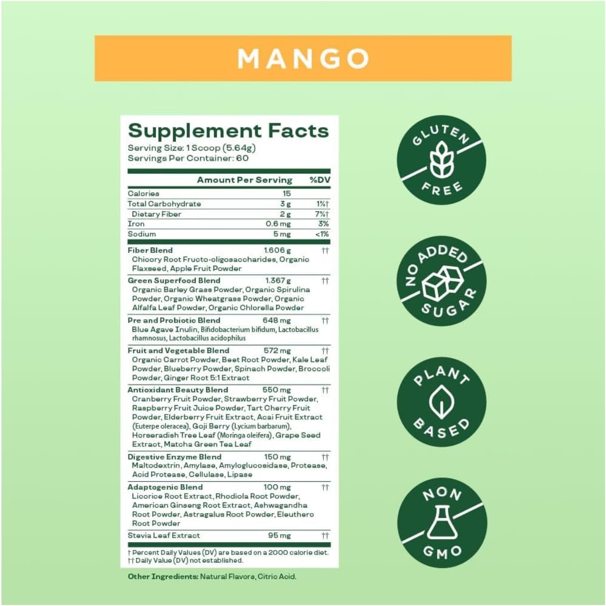 Superfood Greens Powder with Digestive Enzymes, Probiotics, and Prebiotics for Gut Health and Bloating Relief - Chlorella, Beet Root Powder, Mango Flavor - 60 Servings