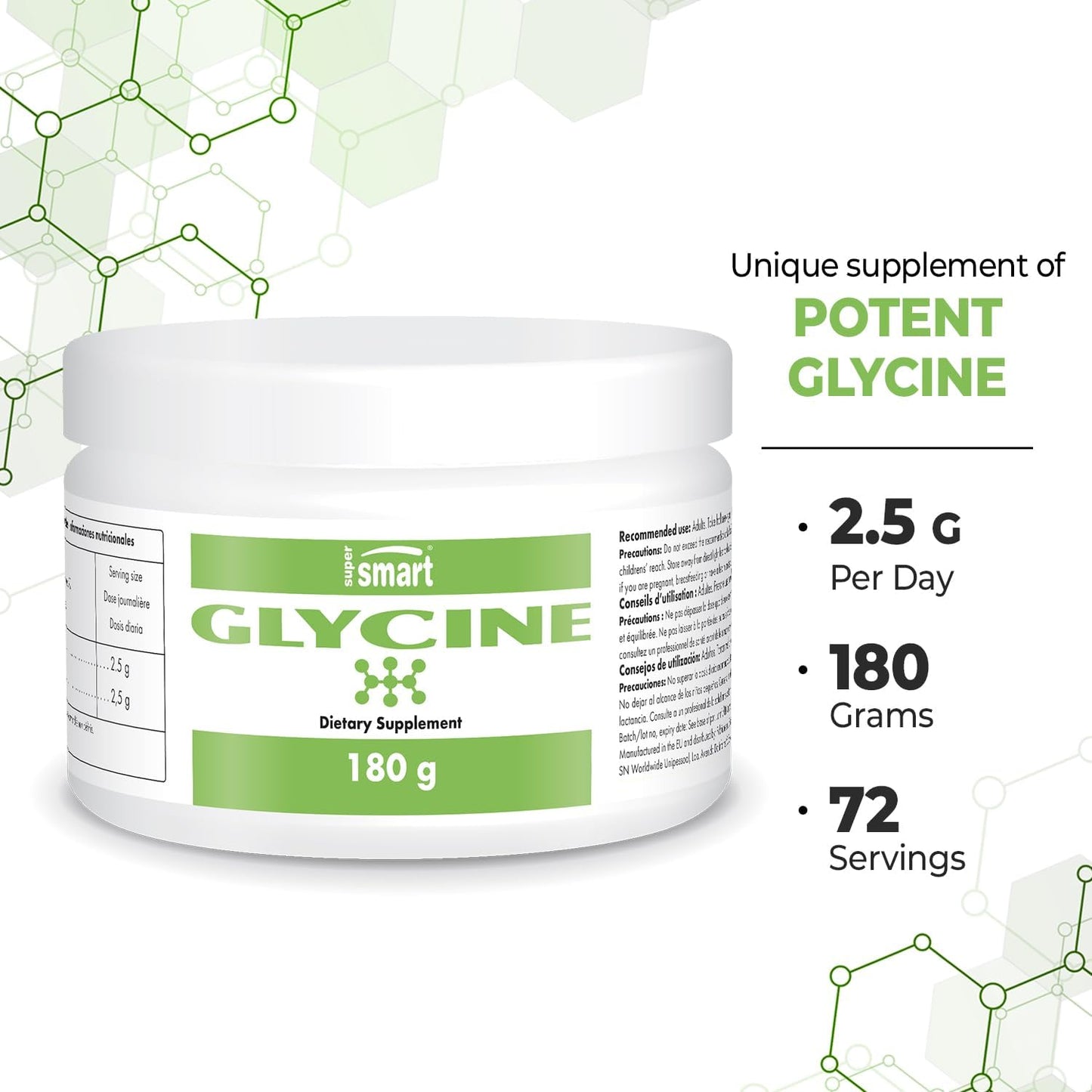 Supersmart Glycine Supplement - Pure Premium Quality - Supports Muscular & Immune Health - Non-GMO Gluten Free - 180g