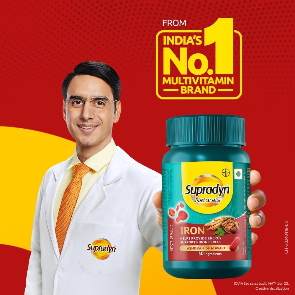 Supra.dyn Naturals Iron Tablets - 3X Iron, Ashoka, Shatavari, Zinc, Vitamin C, Folic Acid - Supports Blood Health and Energy - 30 Vital Nutrients - Vegetarian - 30 Tablets