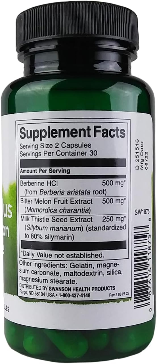 Swanson Berberine Plus Capsules - 3-in-1 Formula with Bitter Melon & Milk Thistle (60 ct)