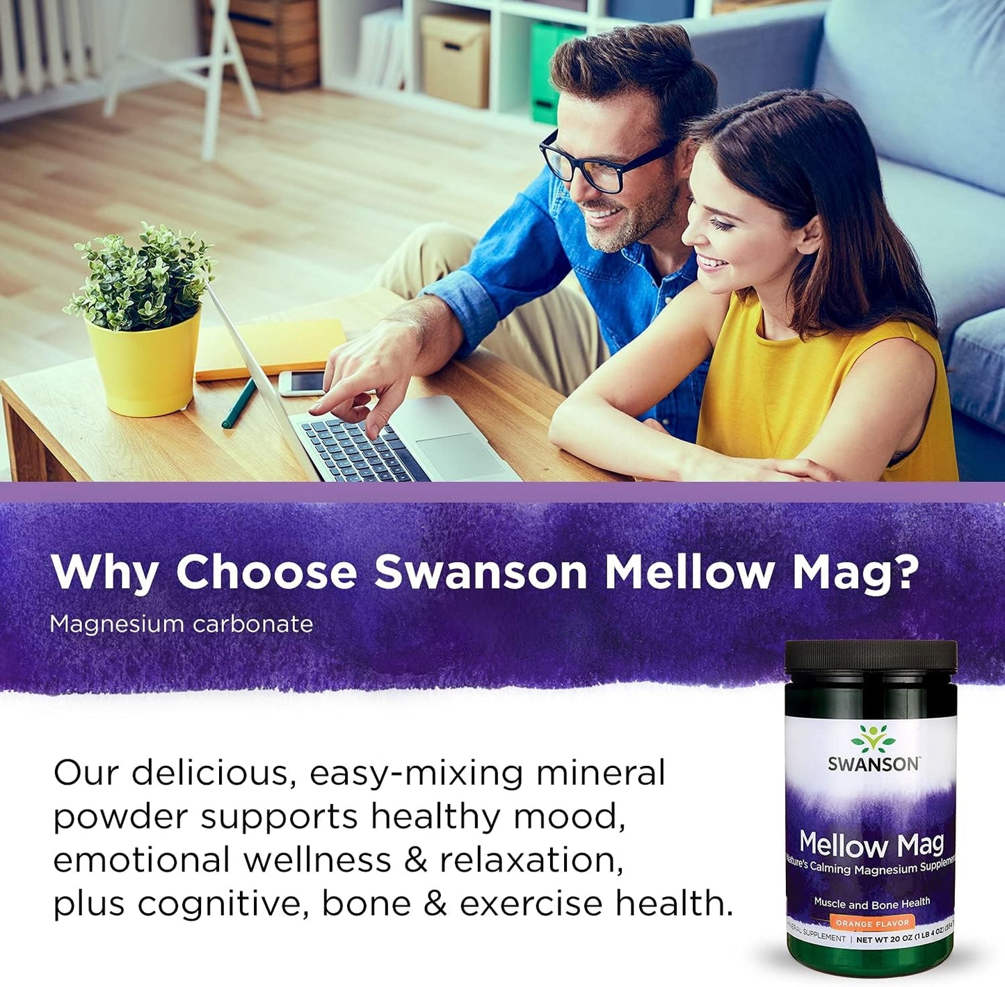 Swanson Mellow Magnesium Drink Powder Orange 3 Pack - Bone & Muscle Support Supplement - Vegan, Non-GMO, Sugar Free - 330 mg Magnesium Carbonate