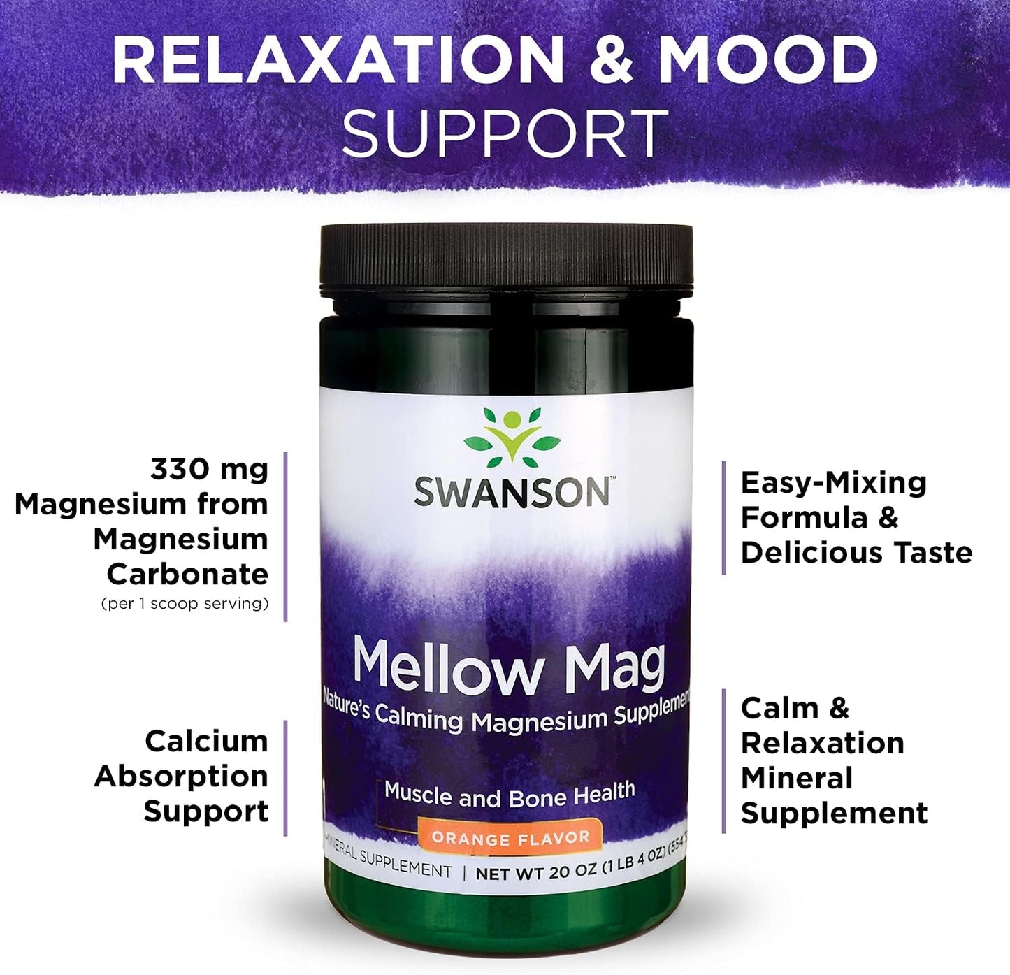 Swanson Orange Mellow Magnesium Drink Powder - Bone & Muscle Support Supplement, Vegan, Non-GMO, Sugar Free - 4 Pack, 330 mg