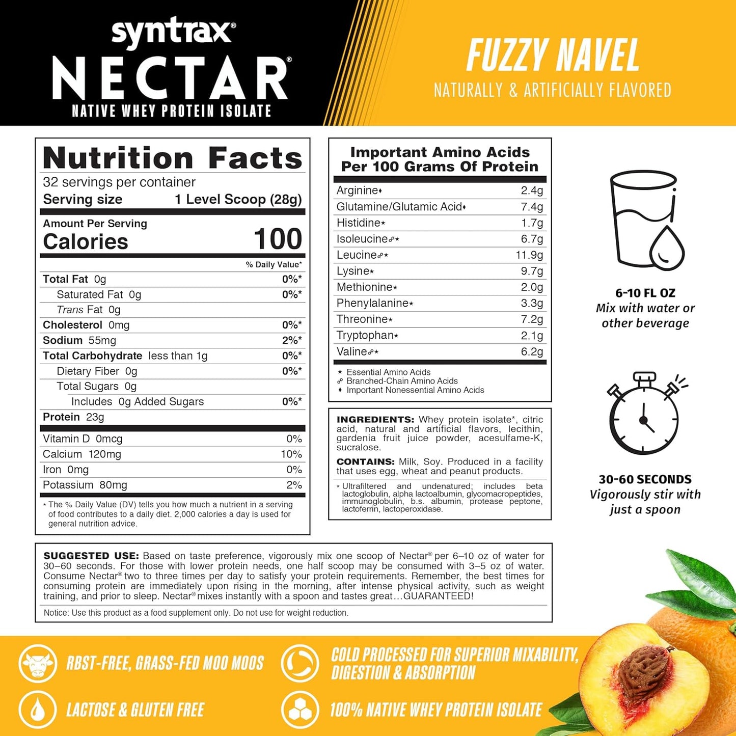Syntrax Nutrition Nectar Fuzzy Navel Whey Isolate Protein Powder - Refreshing Fruit Flavor, 2 lbs