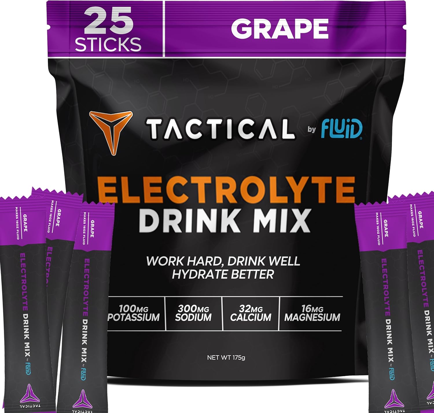 Tactical Electrolyte Powder Drink Mix - 25 Count Stick Packs (Grape Flavor) - Re-Hydrate, Prevent Dehydration, Eliminate Cramps - Low Sugar Formula - Travel Ready