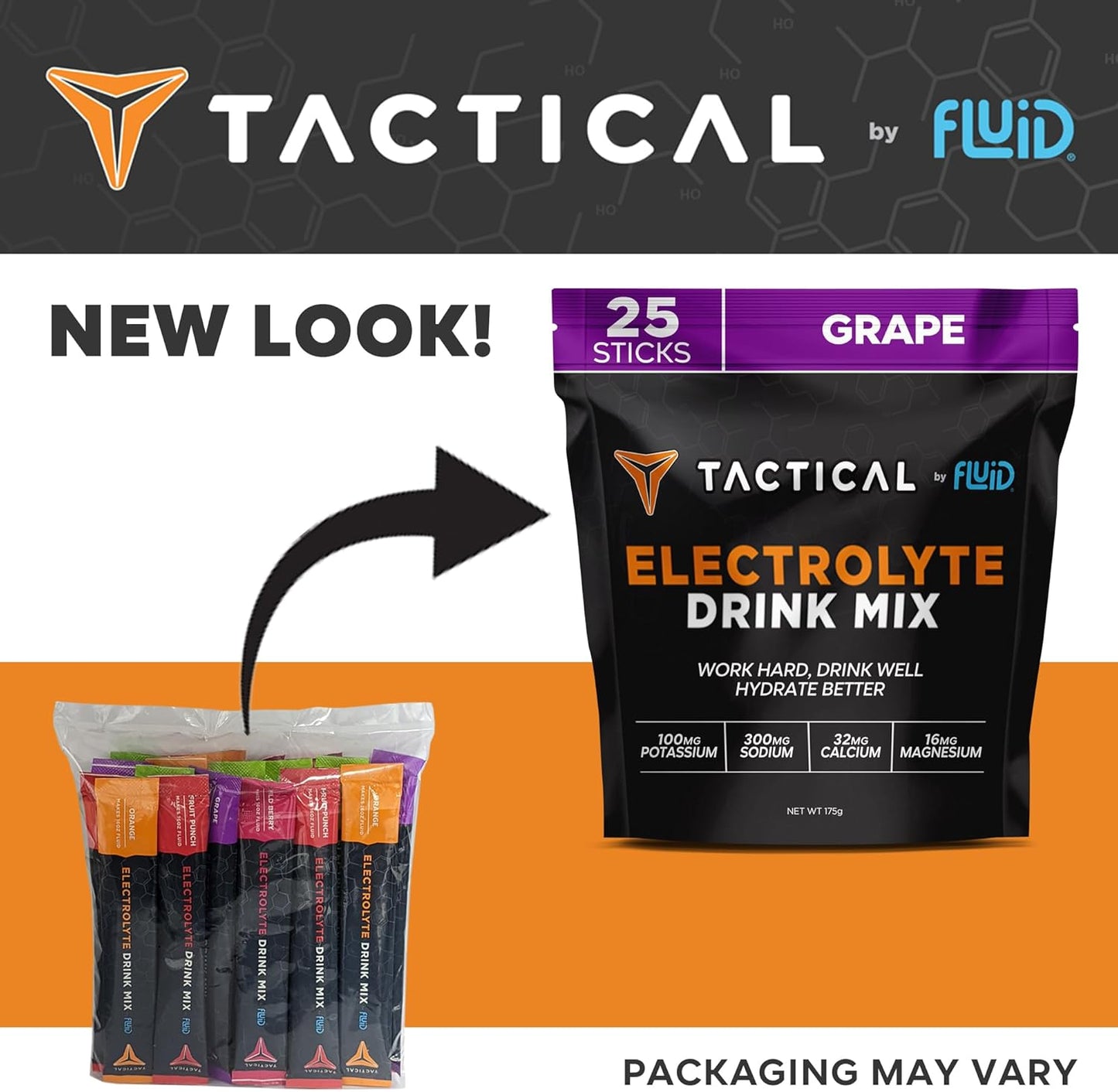 Tactical Electrolyte Powder Drink Mix - 25 Count Stick Packs (Grape Flavor) - Re-Hydrate, Prevent Dehydration, Eliminate Cramps - Low Sugar Formula - Travel Ready