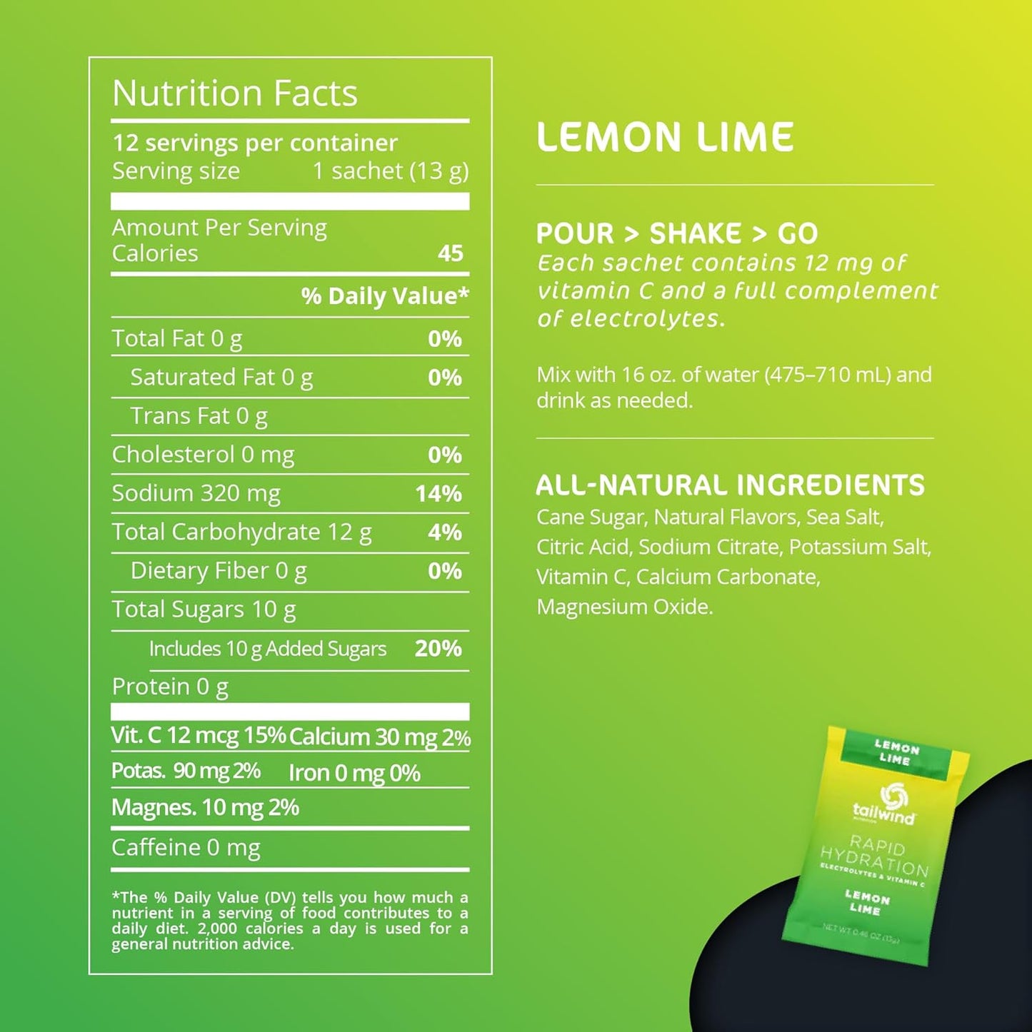 Tailwind Nutrition Lemon Lime Electrolyte Drink Mix Powder Packets - Pack of 12, Non-GMO, Vegan, Vitamin-C Infused