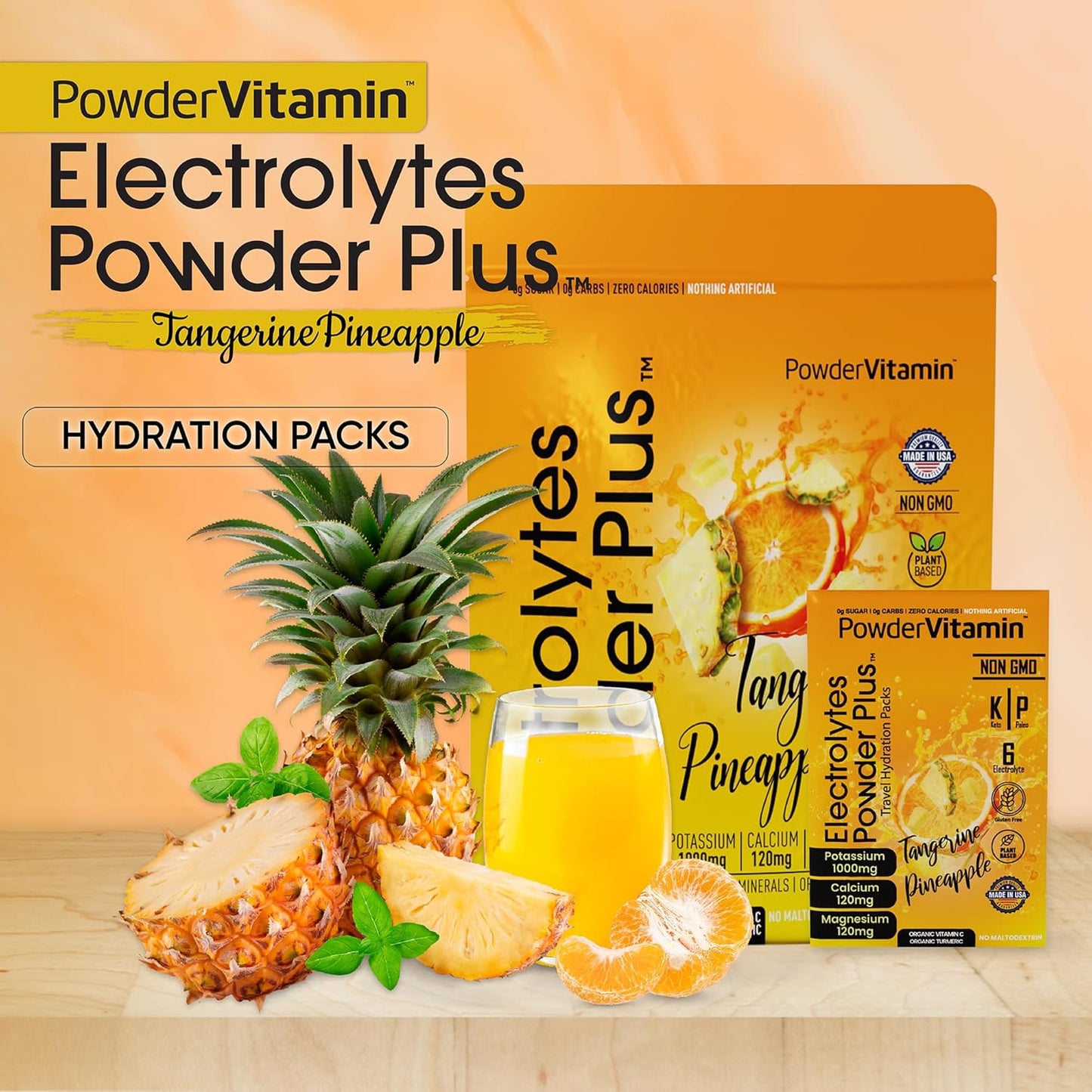 Tangerine Pineapple Electrolyte Powder with 1000mg Potassium, 120mg Calcium, 120mg Magnesium - Sugar Free Keto Hydration Packets