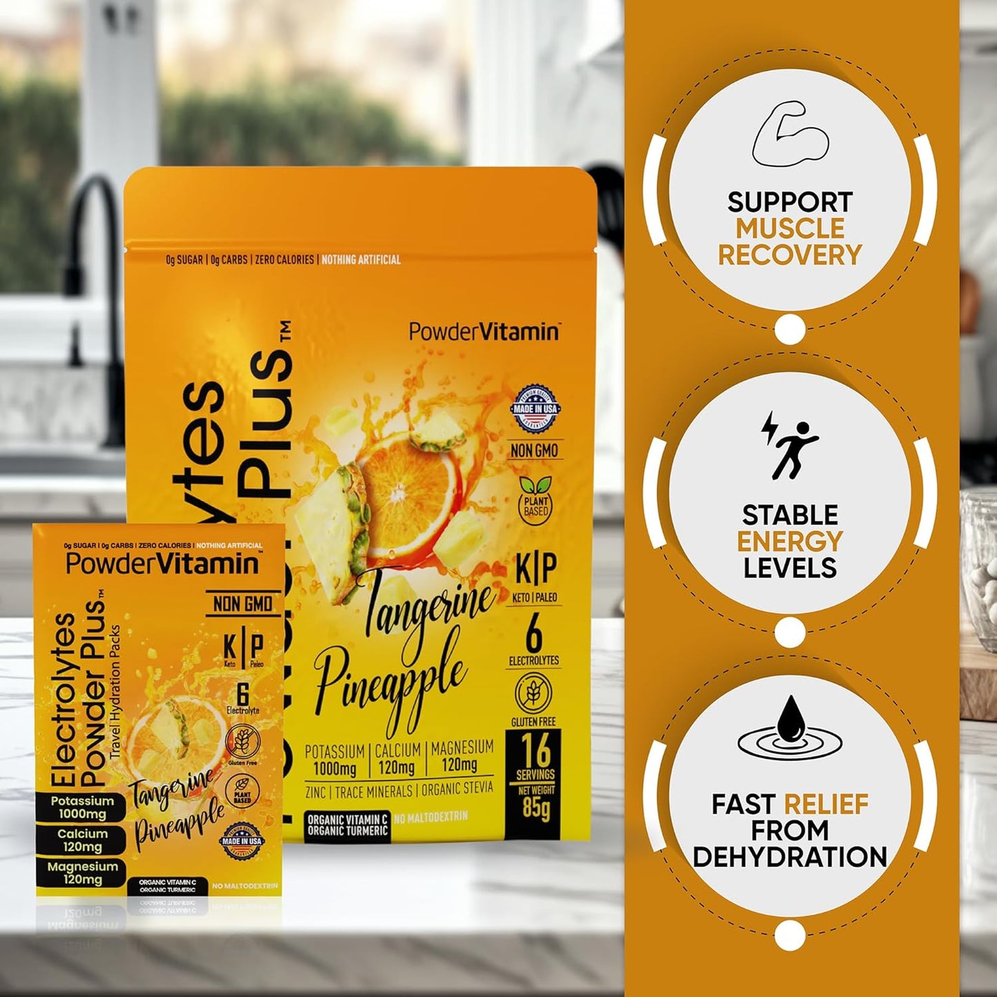Tangerine Pineapple Electrolyte Powder with 1000mg Potassium, 120mg Calcium, 120mg Magnesium - Sugar Free Keto Hydration Packets
