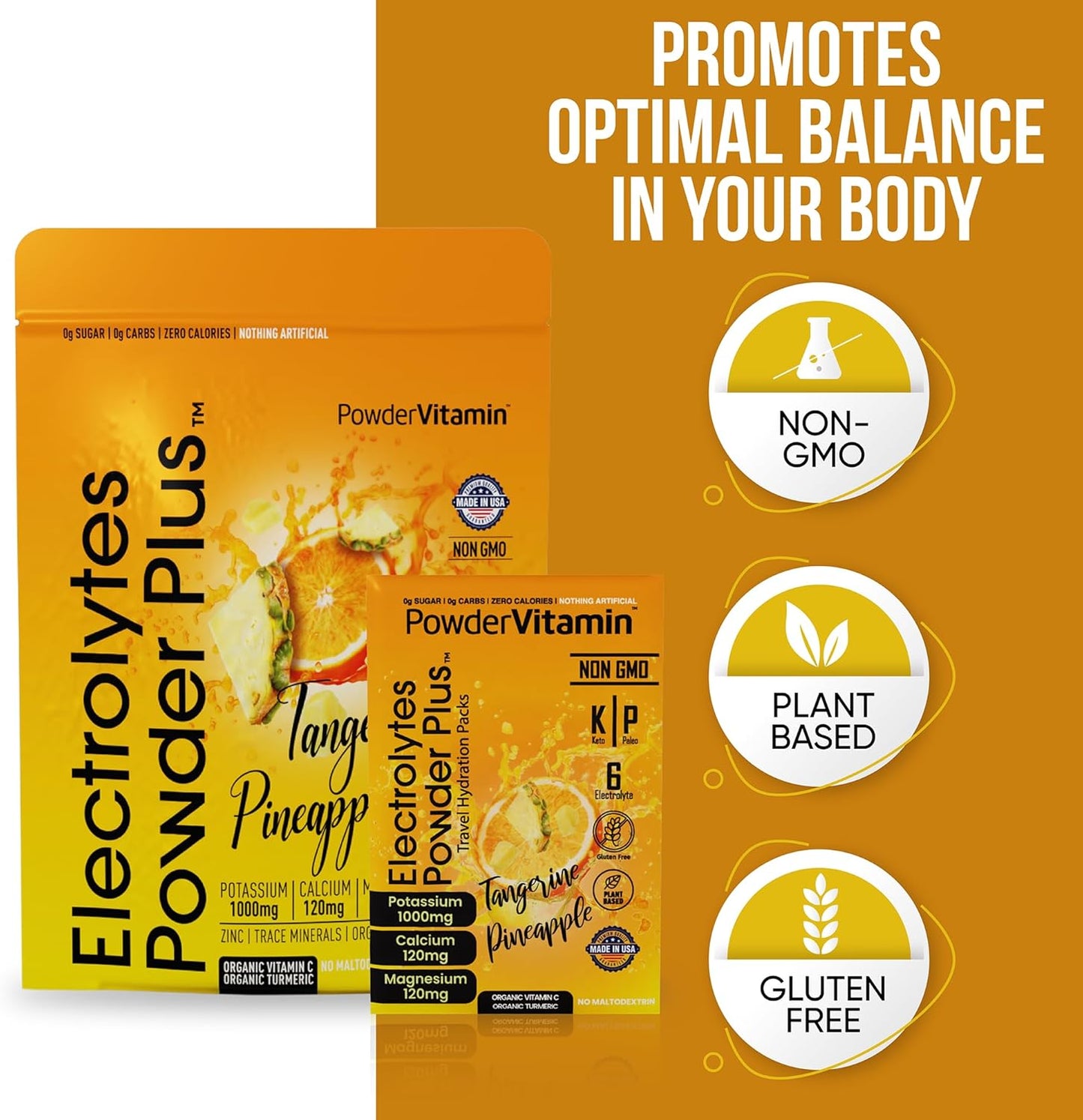 Tangerine Pineapple Electrolyte Powder with 1000mg Potassium, 120mg Calcium, 120mg Magnesium - Sugar Free Keto Hydration Packets