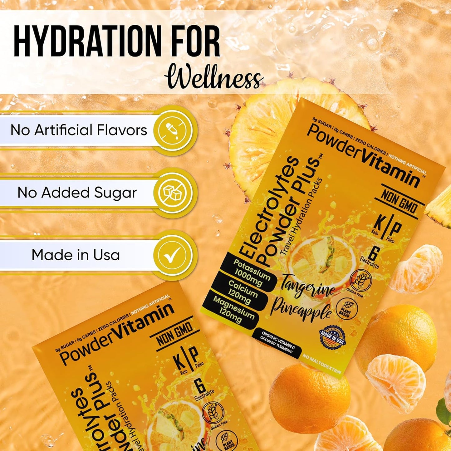 Tangerine Pineapple Electrolyte Powder with 1000mg Potassium, 120mg Calcium, 120mg Magnesium - Sugar Free Keto Hydration Packets