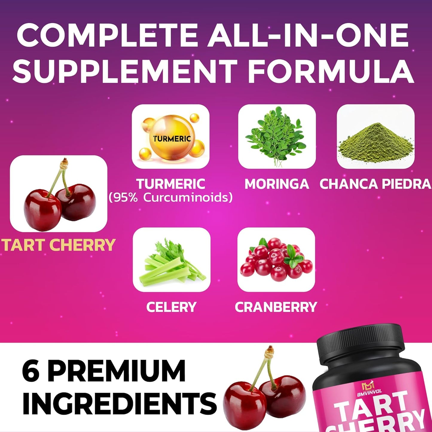 Tart Cherry 20:1 Extract Plus Moringa, Chanca Piedra, Celery, Cranberry Extract Capsules - 90 Count - 3 Month Supply