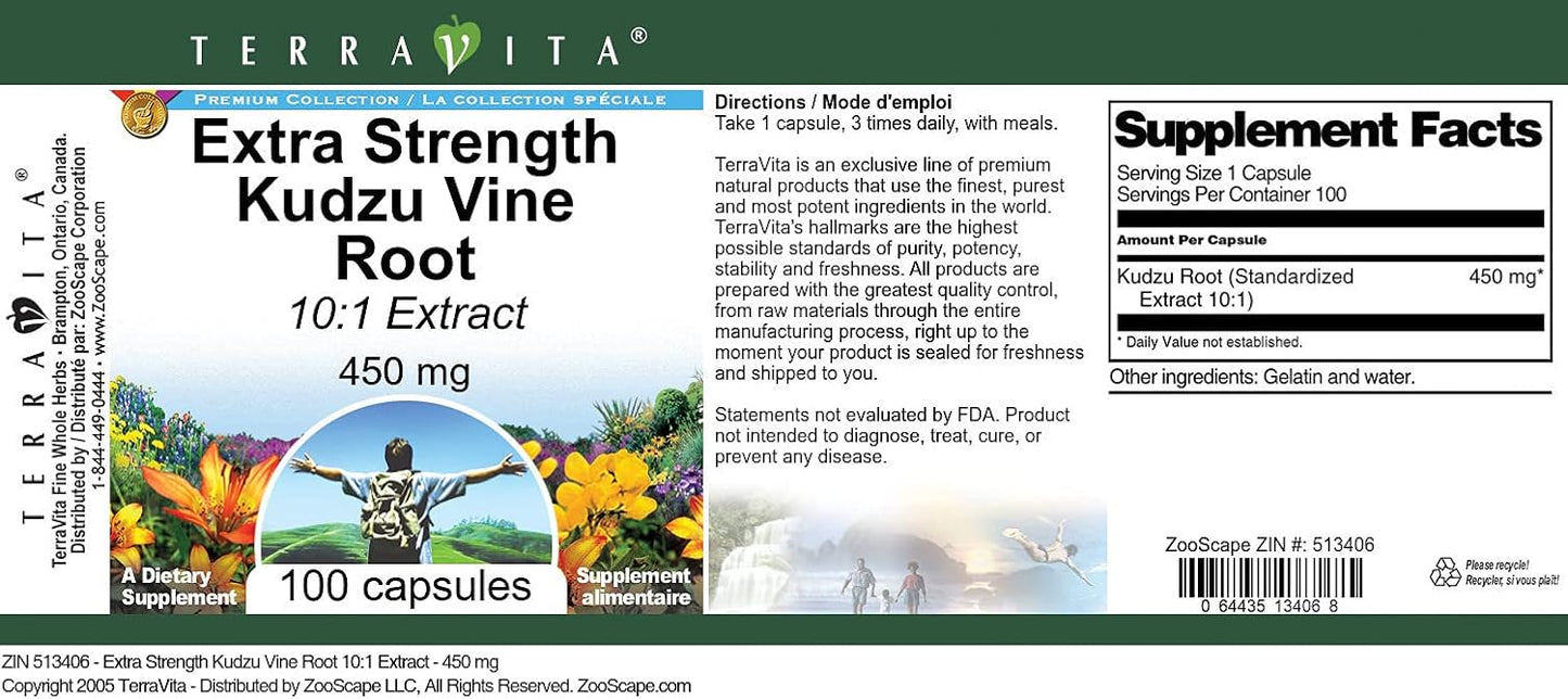 Terravita Kudzu Vine Root Extract Capsules - Extra Strength 10:1 - 450mg - 200 Count